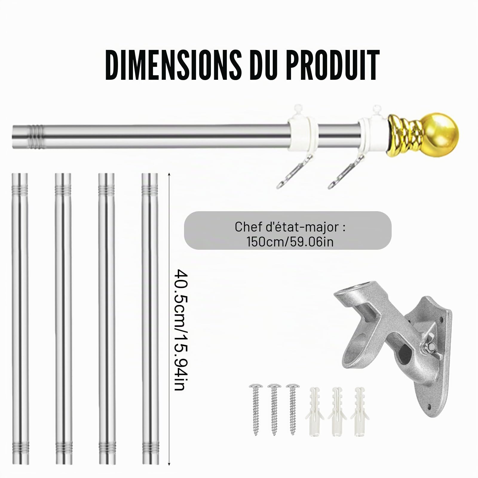 BORDEAG Mât de drapeau stable 1,5 m, mât de drapeau en aluminium, mât de drapeau avec dispositif de hissage, pour véranda, extérieur
