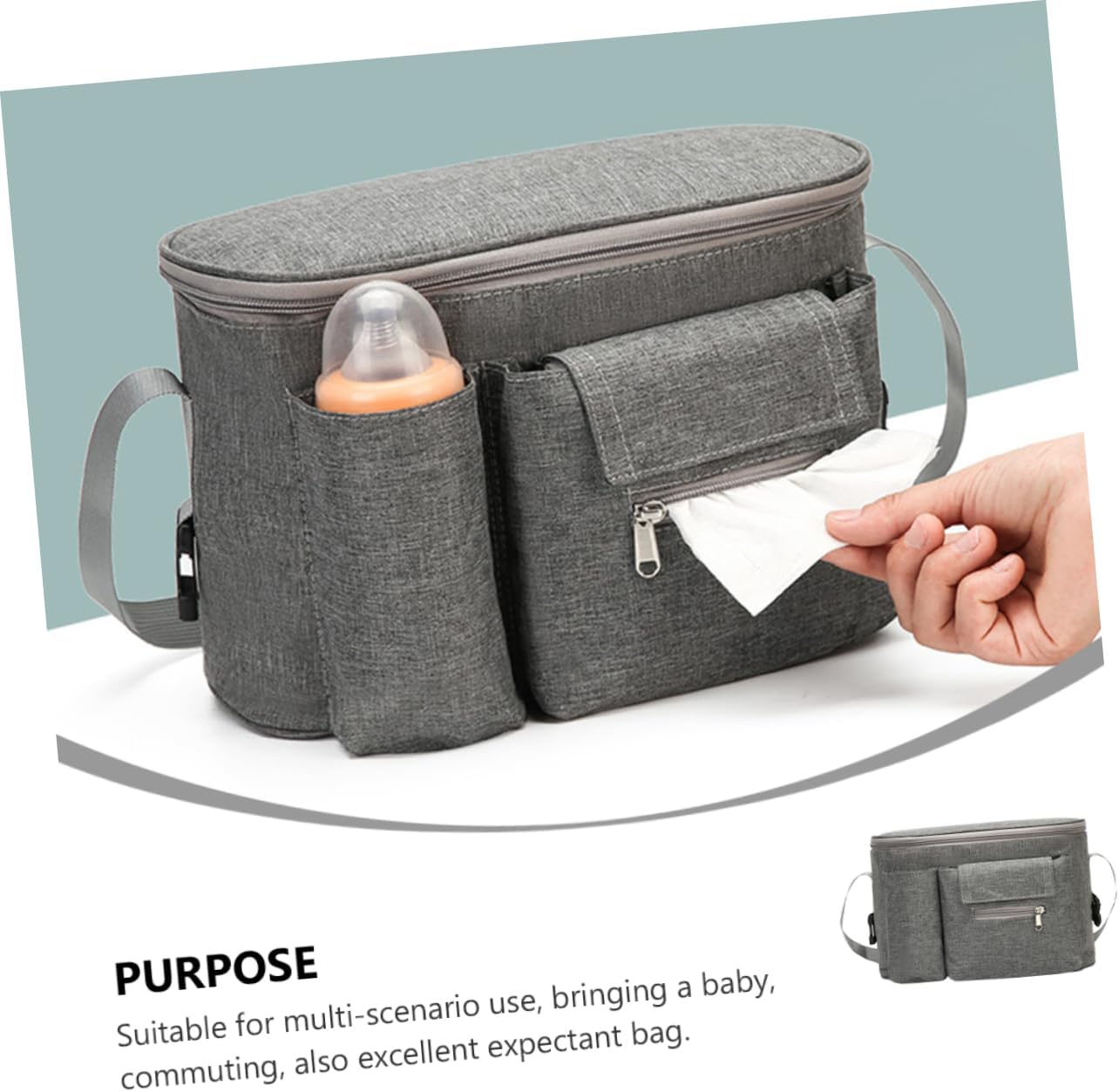 Multi-functional Diaper Bag Organizer for Stroller Grey Supply Storage Pouch for Easy Access to Wipes and Bottles