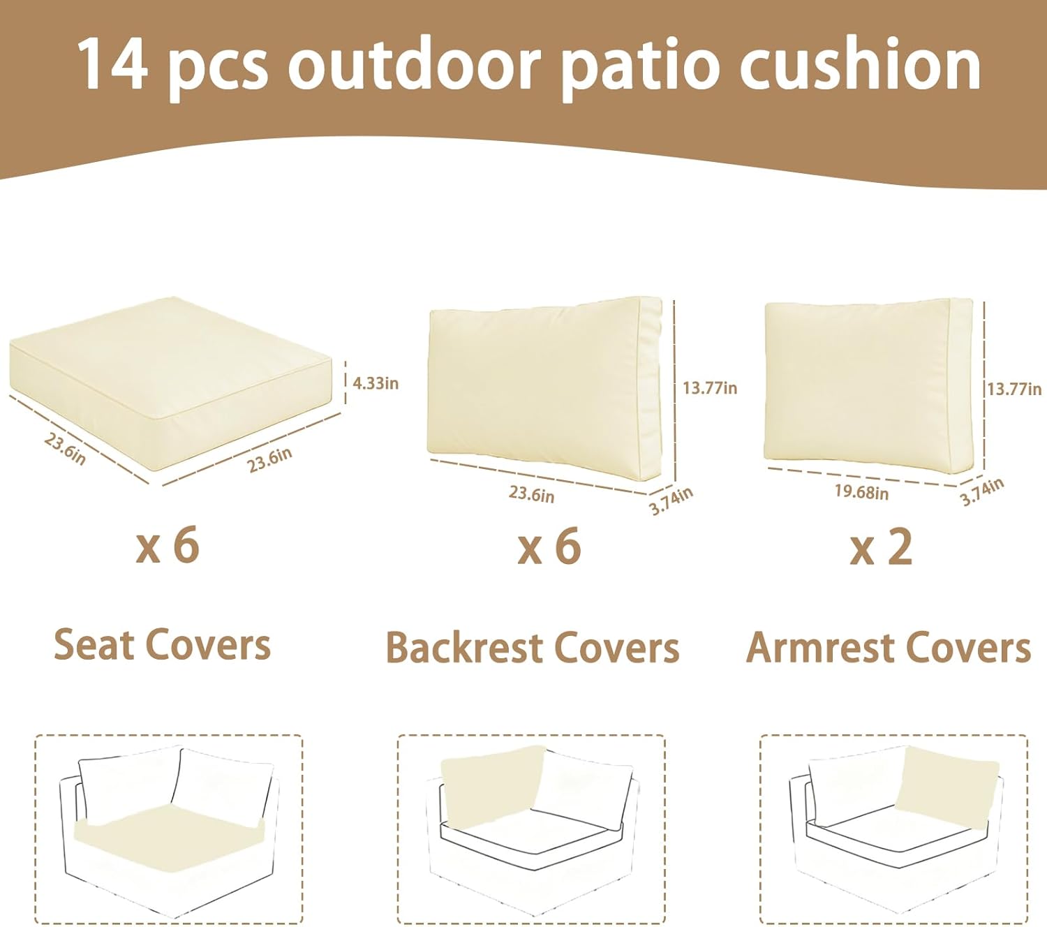 14 Pcs Outdoor Cushion Slipcovers, Patio Furniture Cushion Cover Raplacement, Water-Resistant Patio Furniture Cushion Covers with Zipper (Beige, 23.6Lx23.6Wx4.33H)