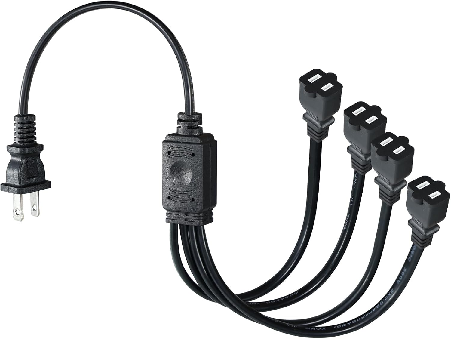 KUNCAN 2-Prong Splitter Extension Cord - 1-Pack Polarized 2 Prong Extension Cord with 4 Outlets, 1 to 4 Ways Power Splitter NEMA 1-15P to 4X 1-15R 1 feet 10A/125V for Power Adapter Holiday LED Light