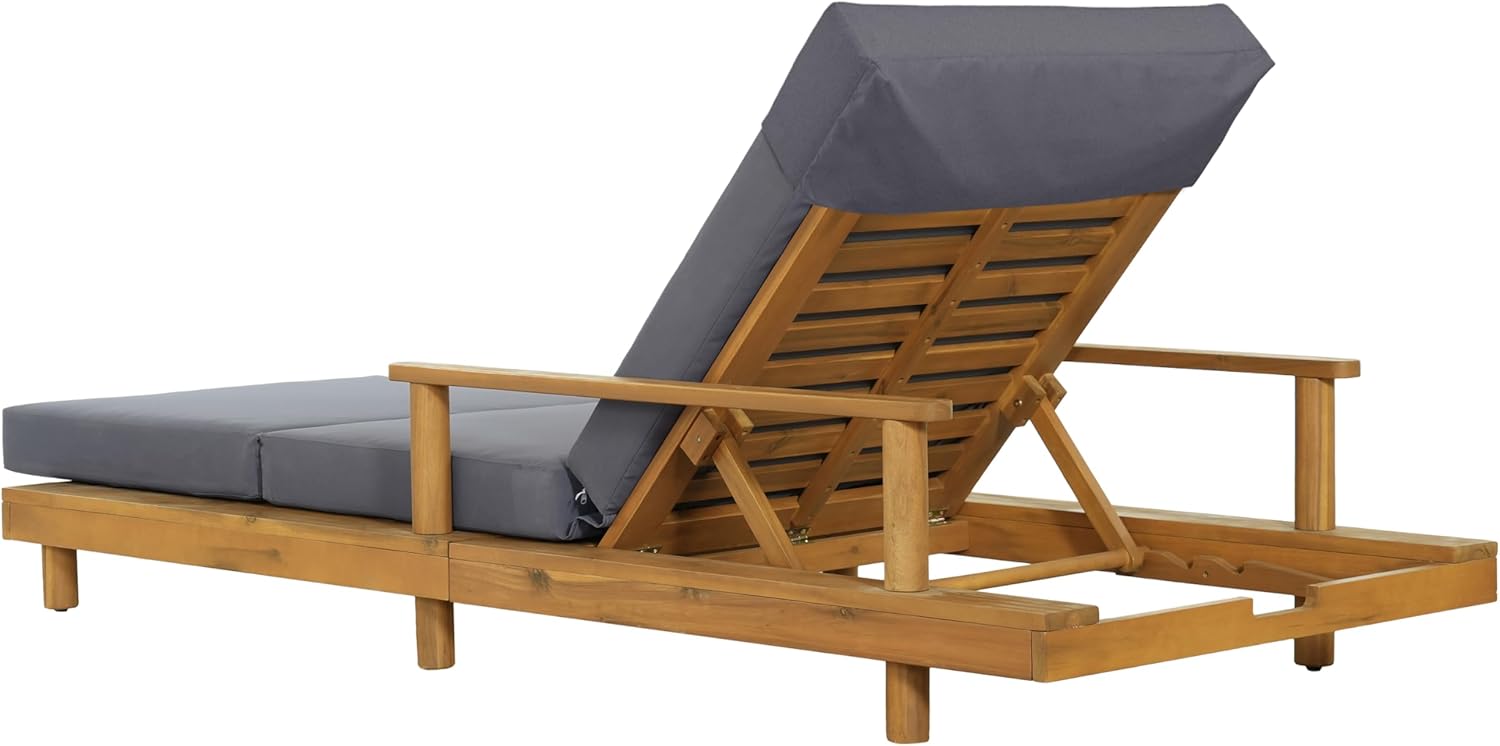 Merax Acacia Wood Outdoor Chaise Lounge Chair with Thick 4-Fold Cushion & Headrest, 3-Position Adjustable Backrest, Modern 76.8" L Large Patio Pool Sun Lounger for Garden Beach Yard, Dark-Grey+Teak