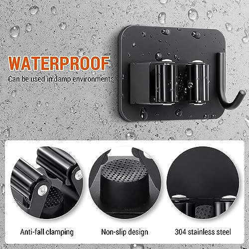 Image of Enclave Stainless Steel Mop and Broom Holder Wall Mounted Adhesive Storage Solutions for Broom mop etc, Garage Storage Systems Broom Organizer. (1 RACK 1 HOOK /BLACK, PACK OF 1)