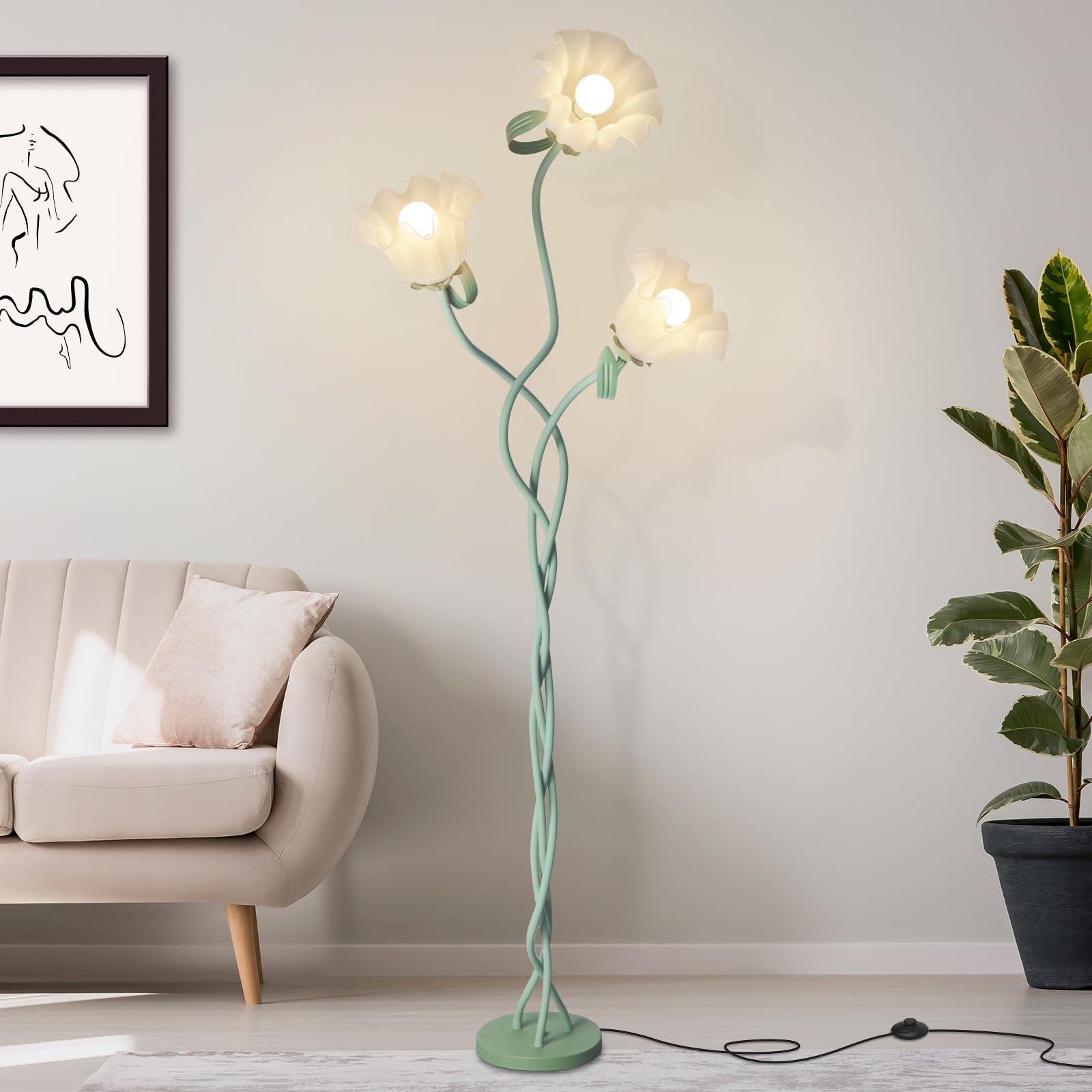 snoslme Flower Floor Lamp for Living Room, 3 Color Modes LED Modern Standing Lamps with 3 Heads Bulb Flexible Neck Shaft Tall Corner Floor Lamp for