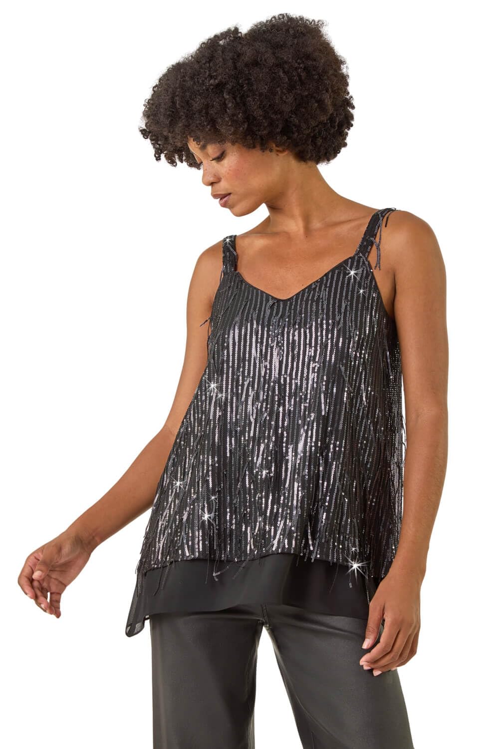 Roman Originals Women's Grey Tassel Sequin Chiffon Top For Uk - Everyday Autumn Winter Sweetheart Neckline Comfy Soft Evening Vacation Work Party Night Out - Dark - Size 12