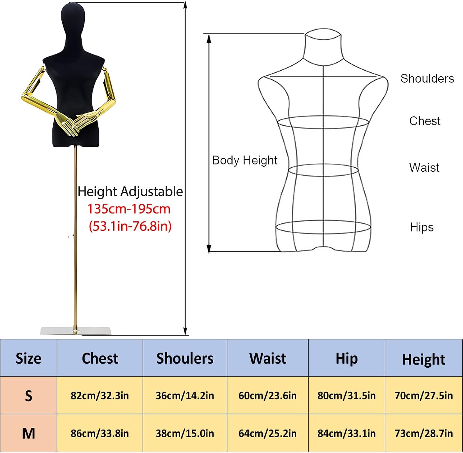 Mannequin Torso Body Dress Form Manikin Removable Dress Form Mannequin Female for Sewing Projects/Photography/Clothing Display Plastic Body Torso Gold Square,Black-with arms (Pink with arms)