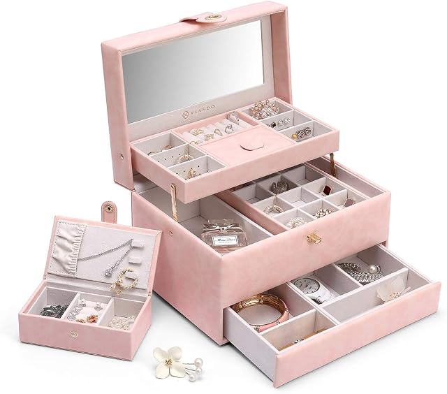 Vlando Jewellery Organiser with Small Travel Jewelry Box, 3-Layer Necklaces Earrings Rings Storage Case, One-Button Opening, Gift Packing