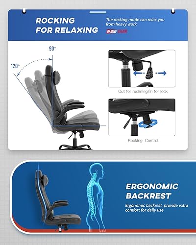 Miniatura 4 de Sillas de juegos para adultos, silla giratoria de piel sintética, ajustable, con soporte lumbar, reposabrazos abatibles, reposacabezas para adultos,