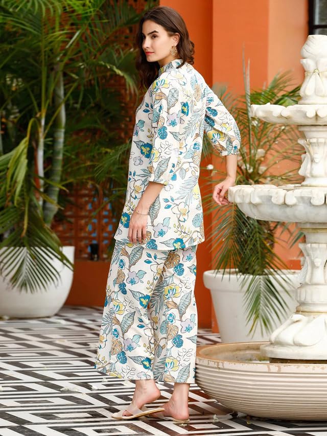 Selvia Women's 3/4 Sleeve Poly Rayon Henley Neck 2 Piece Co-Ords Set (582Ctk7923N-M_Off White & Multi)