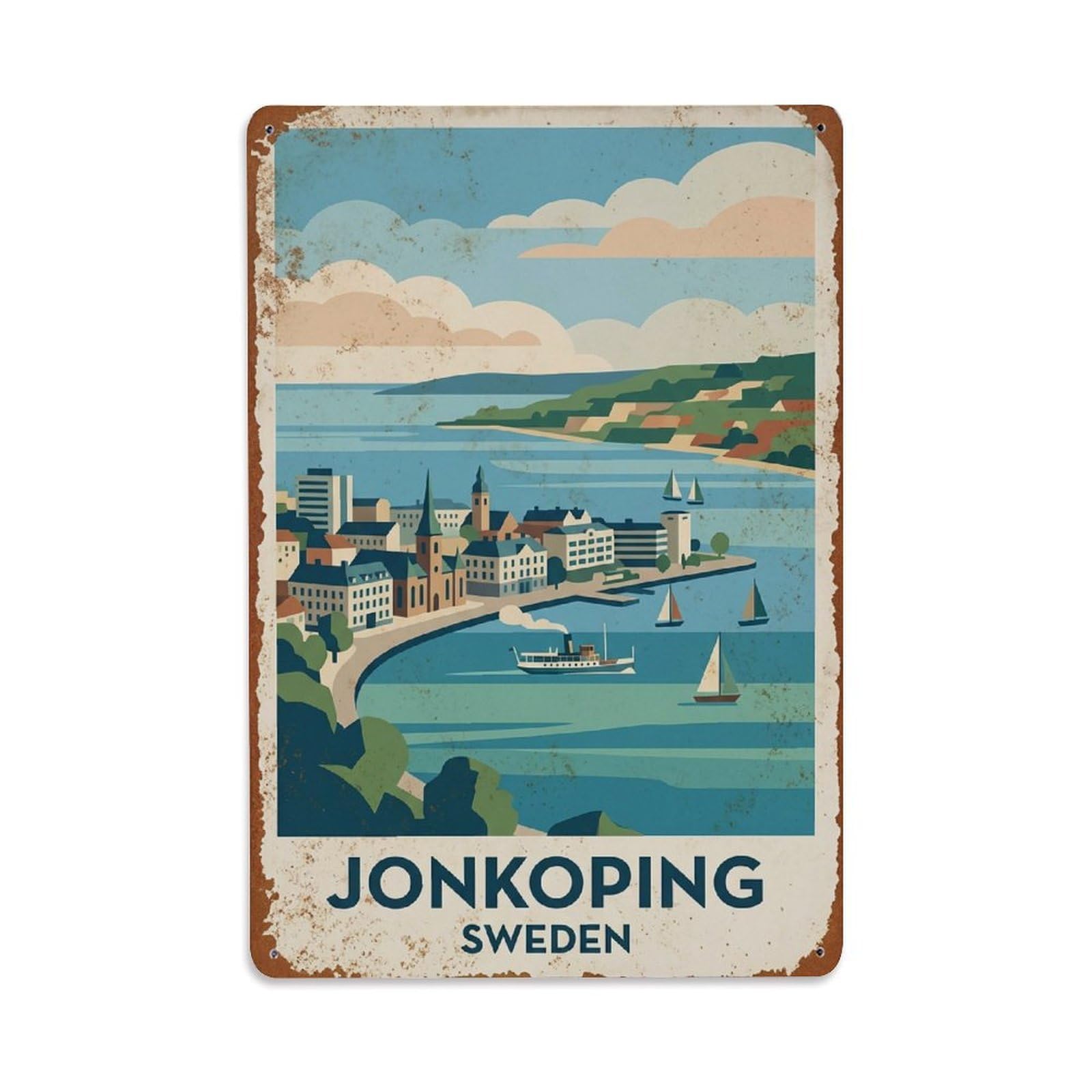 Vintage Travel Jonkoping Sweden Waterfront Metal Tin Sign