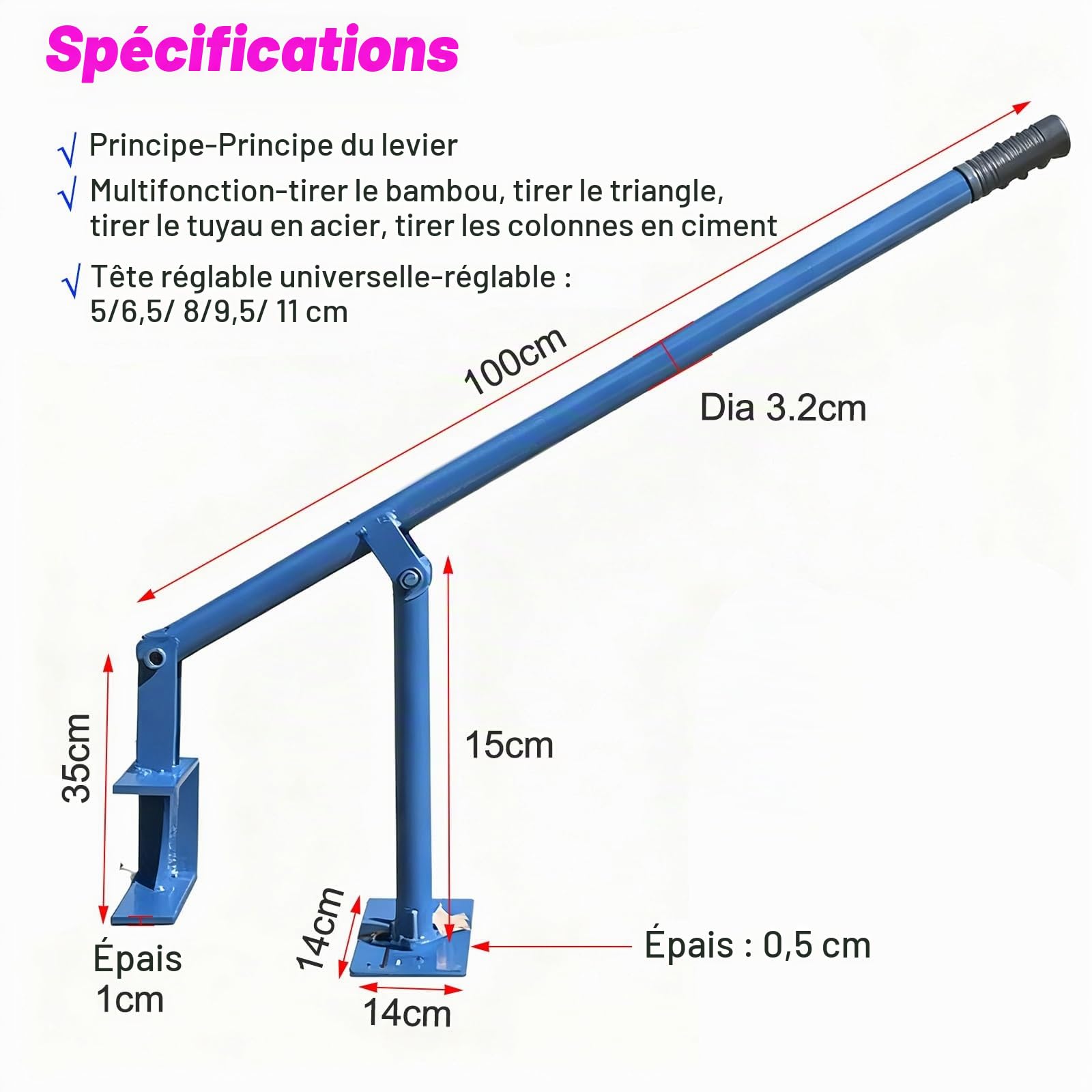 Outil d'extraction de racines d'arbres, Arracheur de poteaux en bambou 100 cm, griffe C réglable 5-11, bleu
