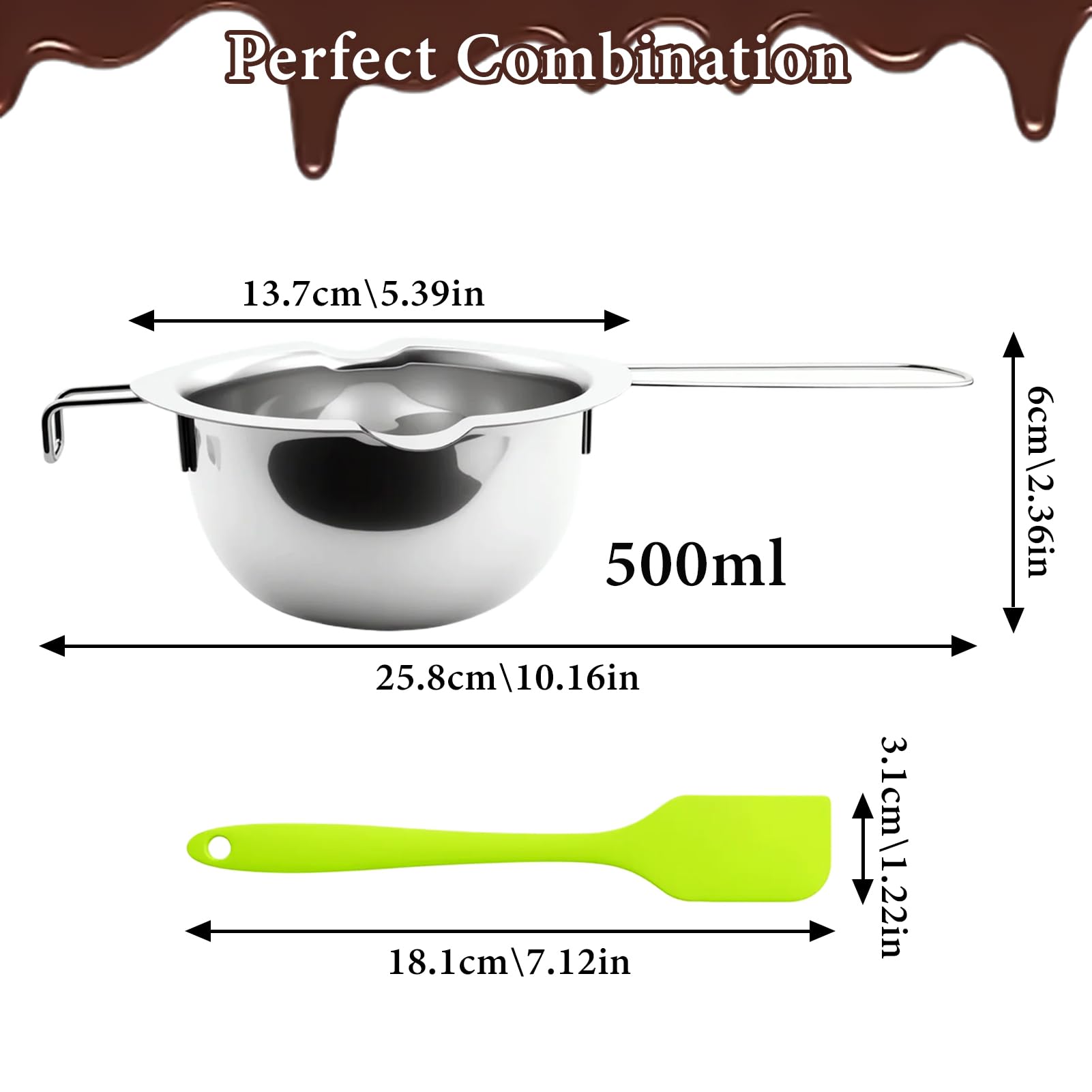 Set di 2 ciotole per sciogliere il bagnomaria, 500 ml, in acciaio inox, con 2 spatole in silicone per burro, cioccolato, formaggio, caramello, candele