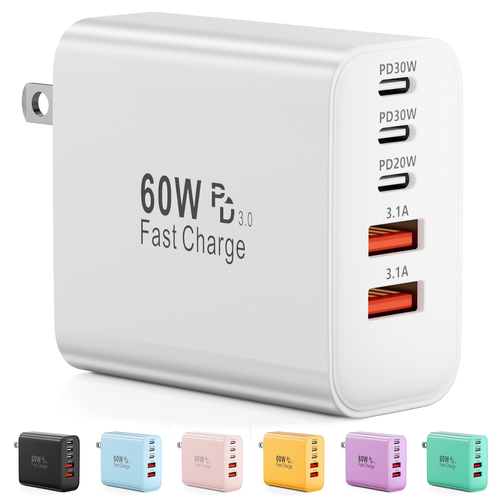 USB C Charger Block 60W 5-Port Type C Charger Fast Charging Block USBC USB Multiple Port Wall Charger