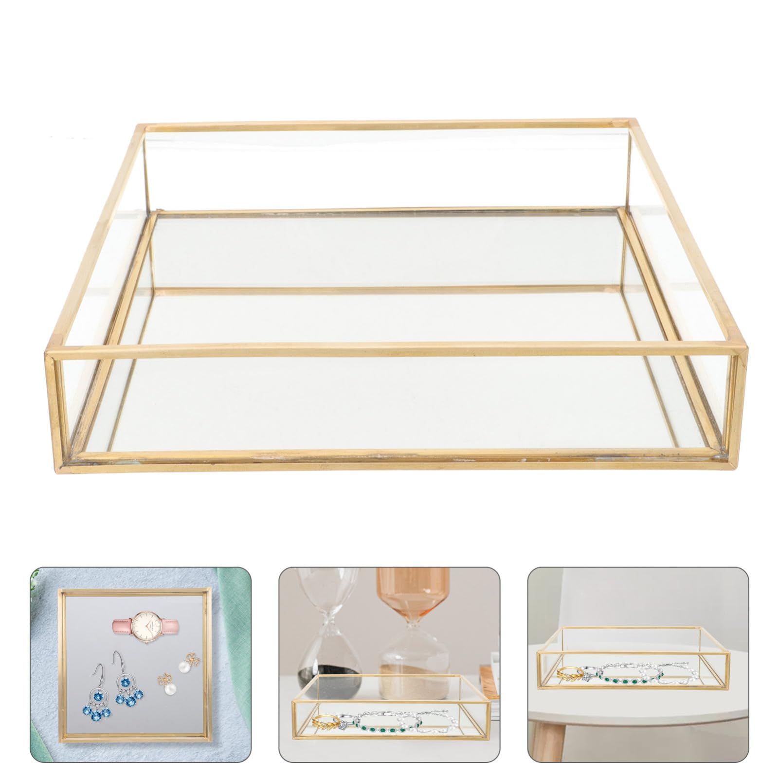 Abaodam Organizer Per Profumi e Vassoio Per Gioielli in Vetro Trasparente Bordo in Ottone, Piatto Quadrato 20x20 Cm Per Bagno e Comò