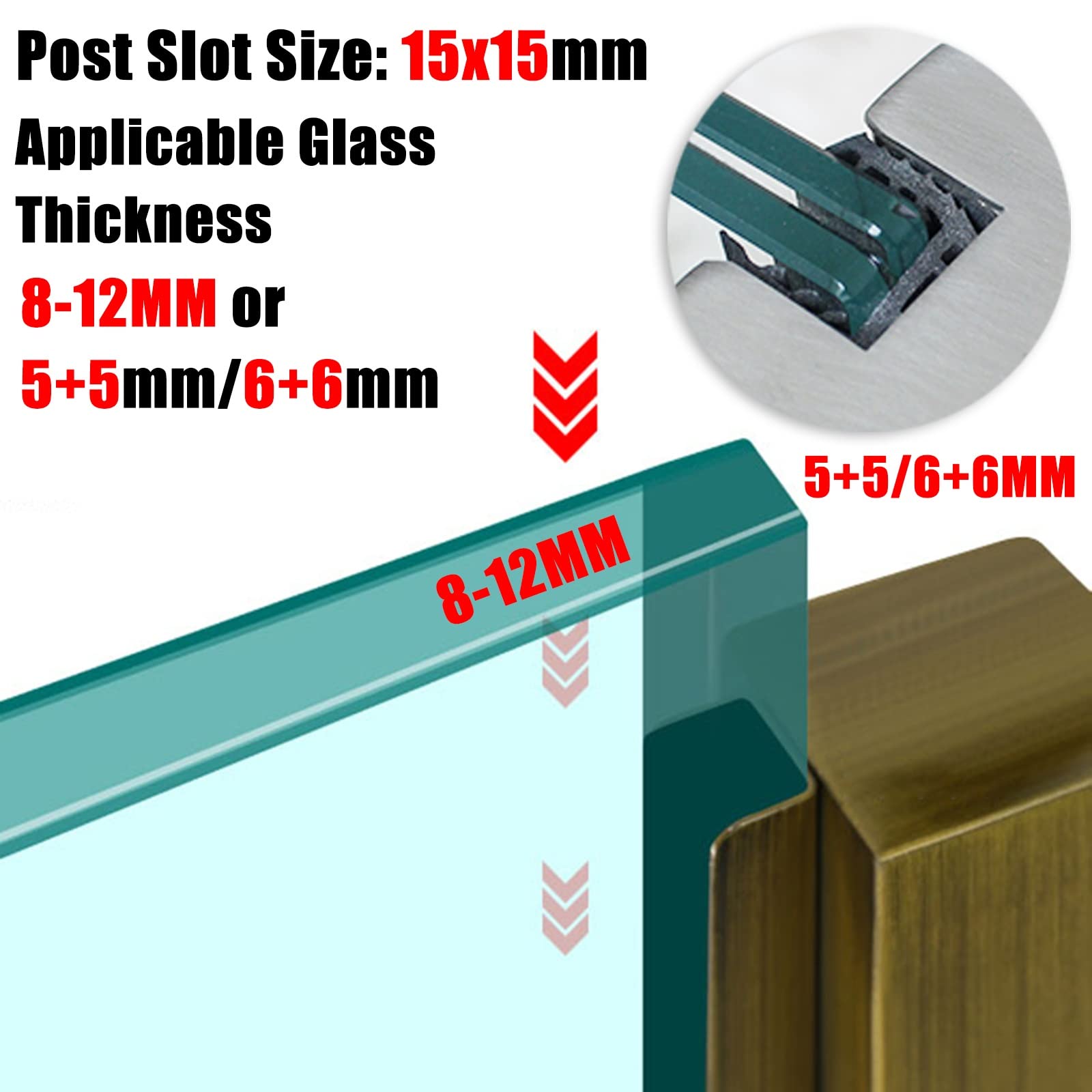 Klemmstange für Glaszäune für Verandas, robuste Zapfenklemme für Glaszäune, Edelstahl, kein Stanzen, wetterfestes Glasgeländer, quadratisch, Eckpfosten, 60 cm