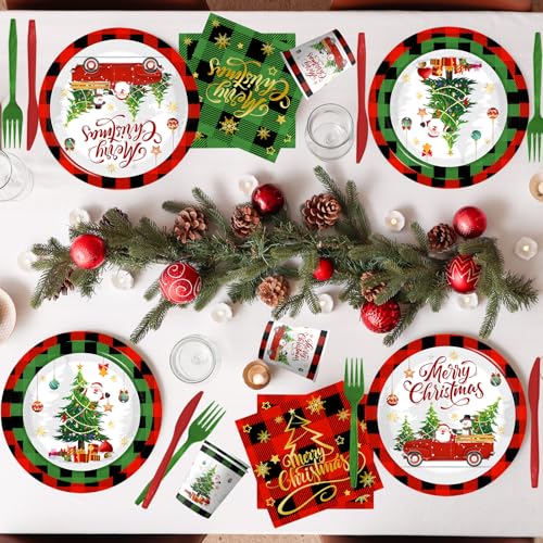 Christmas Paper Plates and Napkins,Red Green Buffalo Plaid Christmas Paper Dinnerware Xmas Tree Santa Claus Plates and Napkin Cups for Winter Themed Xmas Holiday Supplies – Image 4