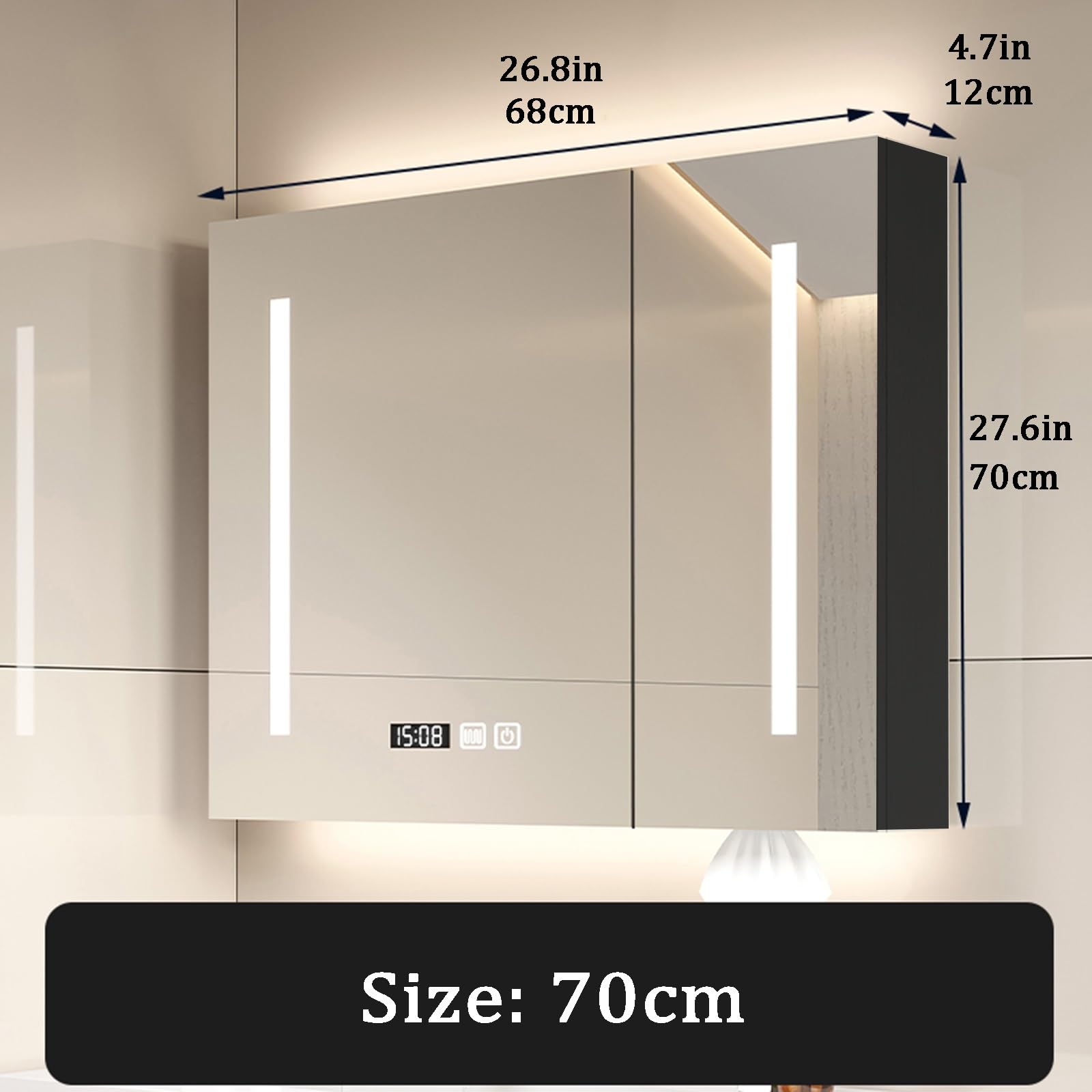 Elegante armario de baño con espejo LED de 70 x 70 cm con interruptor táctil antivaho regulable, solución de almacenamiento para baños modernos, diseño funcional y elegante