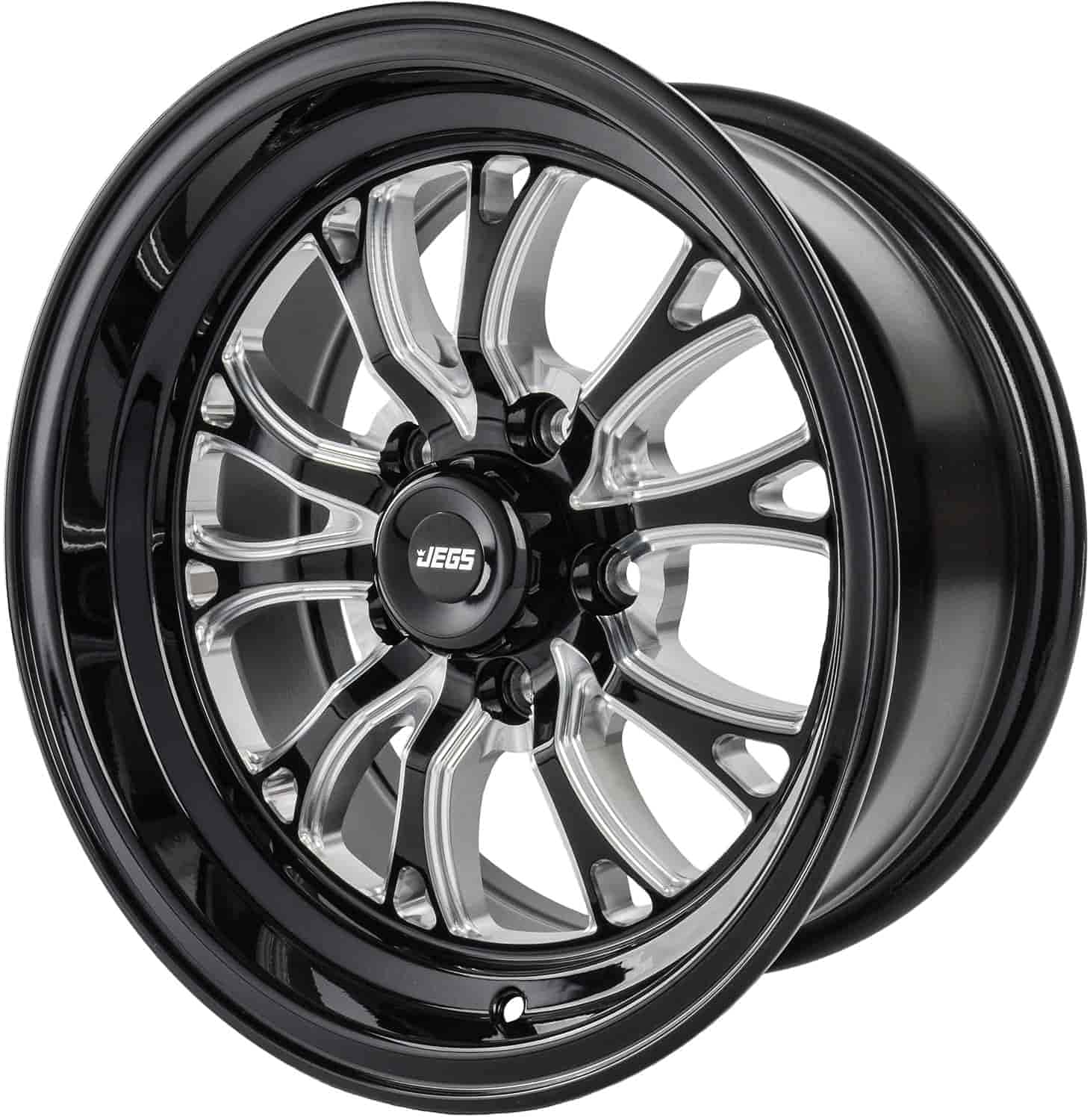 JEGS SSR Spike Wheel 15 x 7 | 5 x 4.5” Wheel Bolt Pattern Spacing | 0mm Offset | 4” Backspacing | Gloss Black with Milled Spoke Accents | 3.27” Center Bore