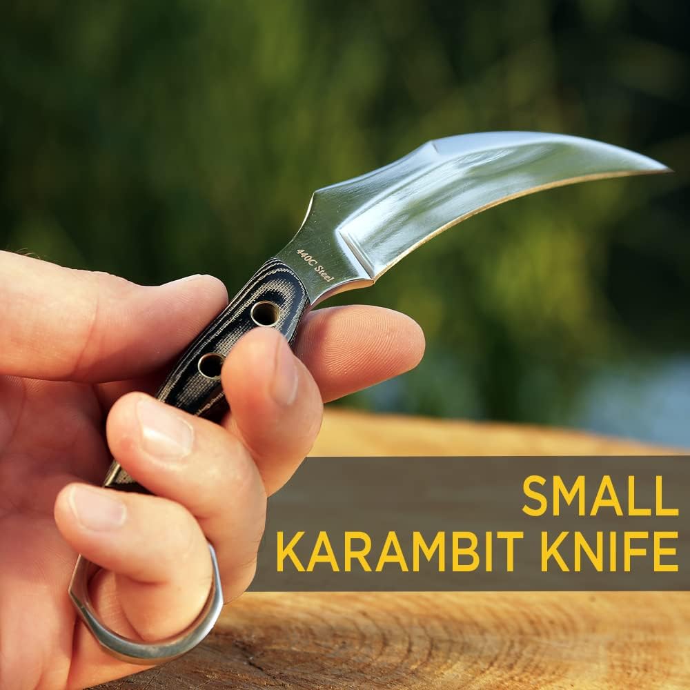 Karambit Knife with Sheath - Small Fixed Blade Knofe - Claw Knife Micarta Handle Sharp Blade - Camping Knives - CSGO Karambits for Men and Women - Best for Hiking Survival Hunting Fishing 2534