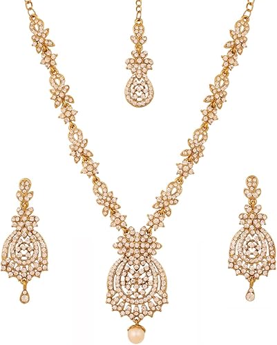 Touchstone - Juego de joyas de hermoso e intrincado diseño con diamantes de imitación blanco brillante en tono dorado y plateado para mujer al Touchstone - Juego de joyas de hermoso e intrincado diseño con diamantes de imitación blanco brillante en tono dorado y plateado para mujer al