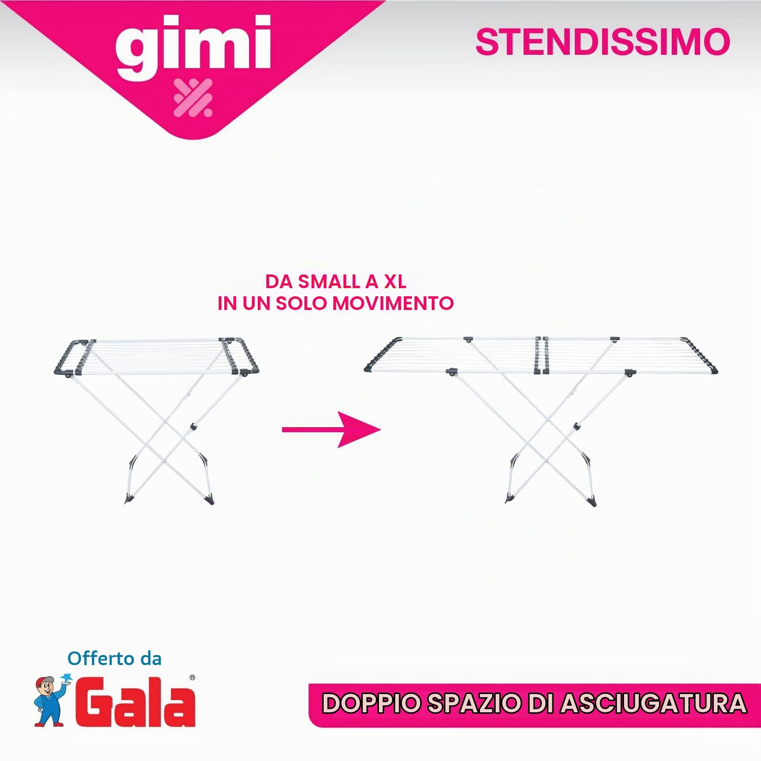 GIMI Stendissimo Stendibiancheria da Pavimento, Stendino Estensibile, a Cavalletto, Spazio di Stenditura 20 m, con Ruote, Acciaio, 185.5 x 57 x 93 cm