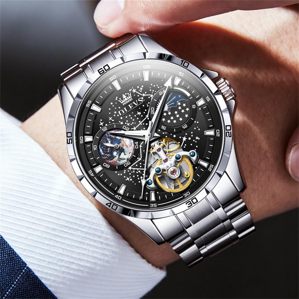 OLEVS Men Automatic Mechanical Watch Skeleton Tourbillon Starry Sky Dial Business Luxury Dress Self Winding Moon Phase Wrist Watches for Men