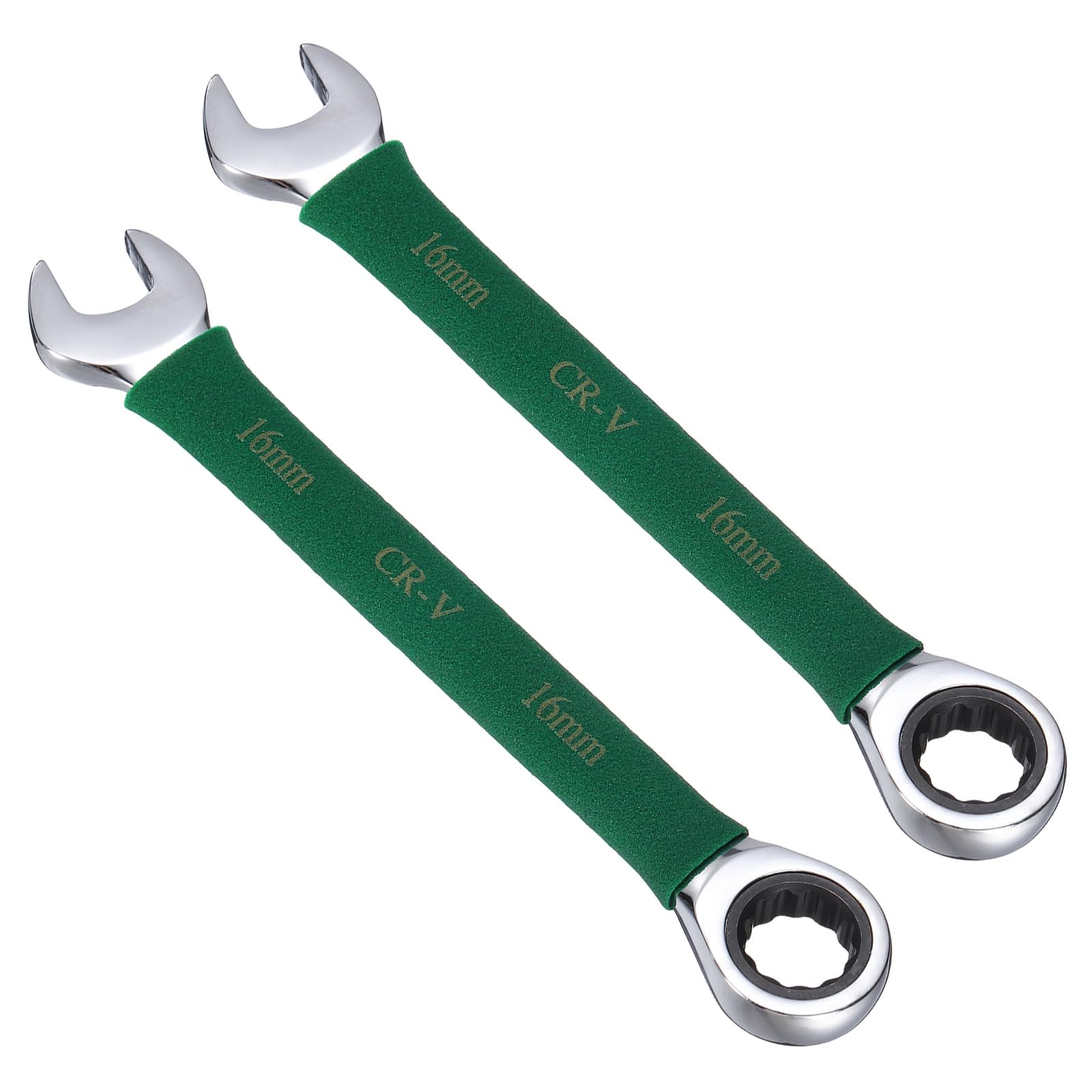sourcing map 2Pcs Ratcheting Combination Wrench 16mm Stubby Wrench Metric Steel Double 12-Point Box Open-Ended Ratchet Spanner Tool for Household Garage Workshop Auto Repairs, Green