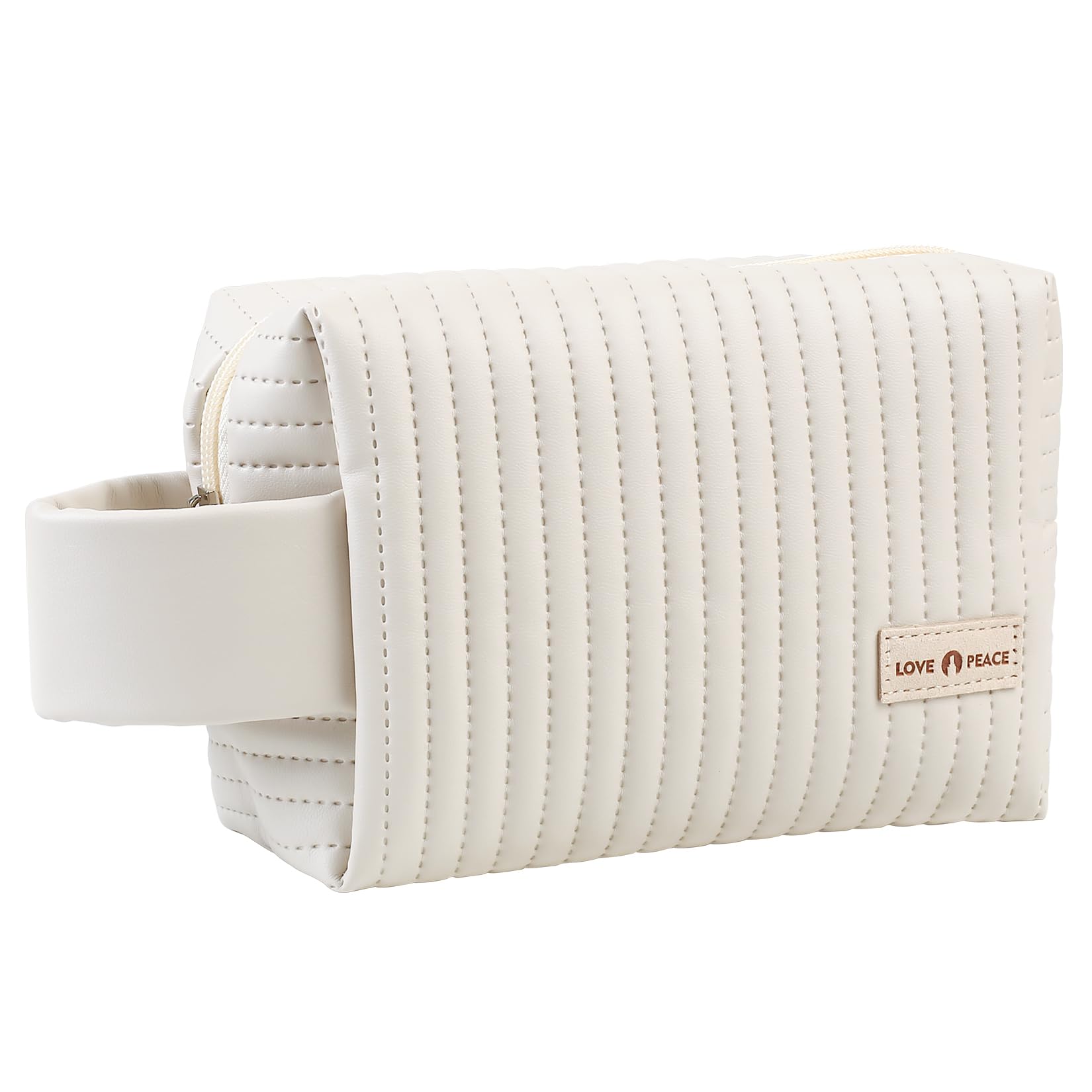 XhjzgcTechSmall Makeup Bags, Small Cosmetic Pouch, Small Cosmetic Bags, Zipper Pouch, PU Leather Striped Design Waterproof Travel Toiletry Bag with Handle for Women Gifts, (Beige)