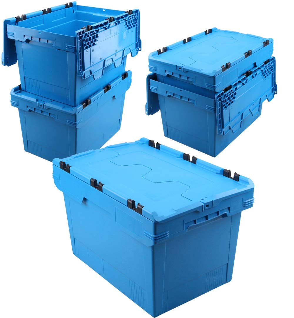 BRB Set, 5x Mehrwegbehälter mit Klappdeckel, blau, verplompbar, LxBxH 600x400x350 mm, 58 Liter