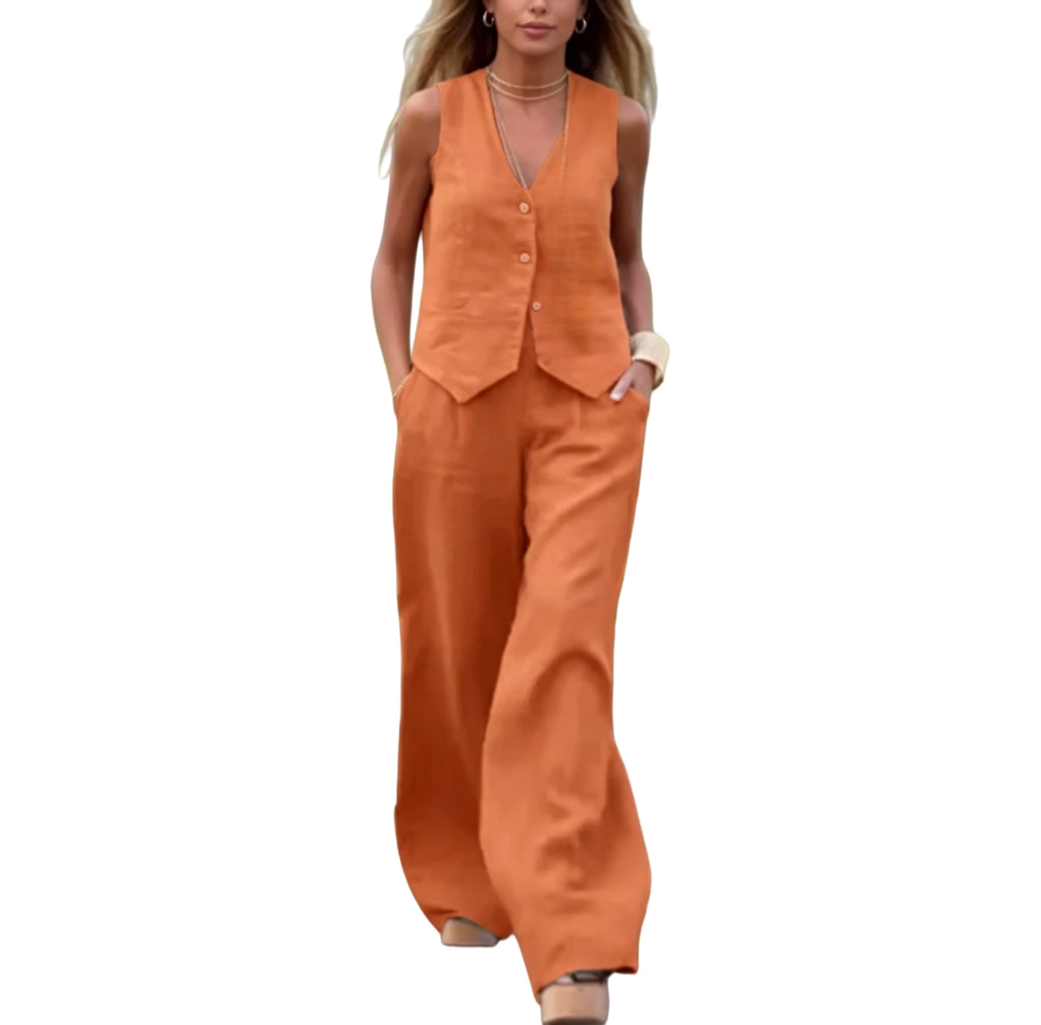 Completo Donna Completo Da Donna In Due Pezzi Di Cotone E Lino Senza Maniche Con Gilet Abbottonato E Scollo A V E Pantaloni A Gamba Larga Set Estivo Casual Ed Elegante Perfetto Per Vacanze Al Resort