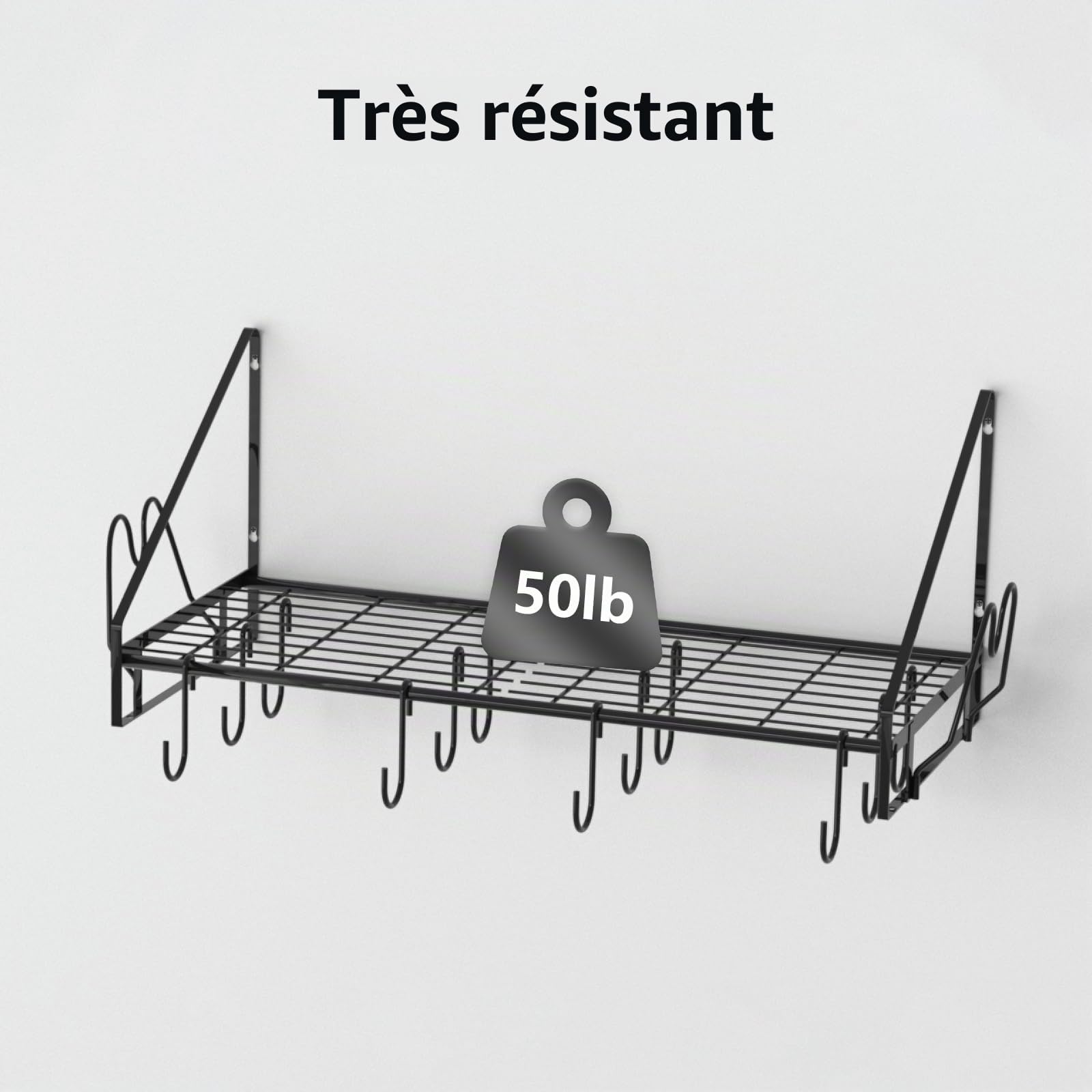 VyGrow Étagère murale à suspendre pour casseroles et poêles avec 12 crochets et 2 supports pour couvercles de casseroles, en acier robuste, pour ustensiles de cuisine, ustensiles de cuisine
