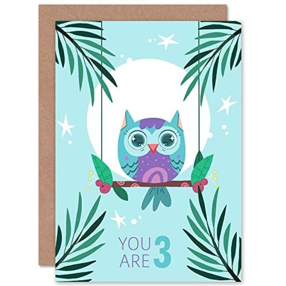 Wee Blue Coo Kawaii Owl Perch Birthday You are 3 Greeting Card With Envelope Blank Inside Premium Quality