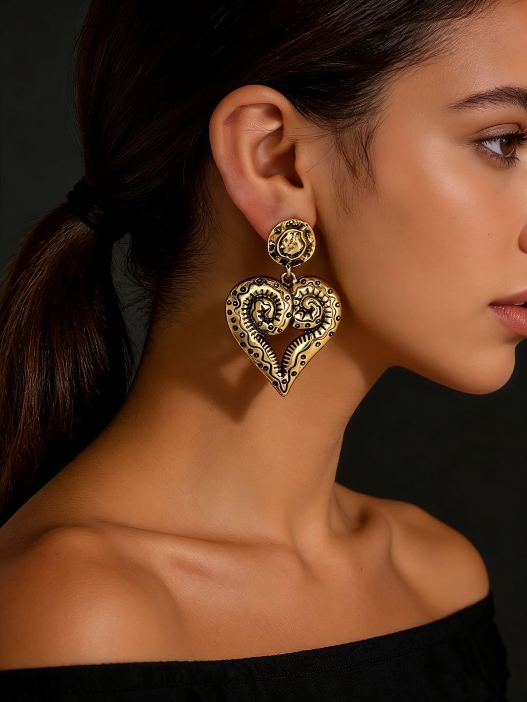 Large Heart Chunky Earrings,Bold Gold Statement Chunky Vintage Studs Earrings Thick Fashion Dangle Drop Earring Jewelry Gifts for Women - Image 2