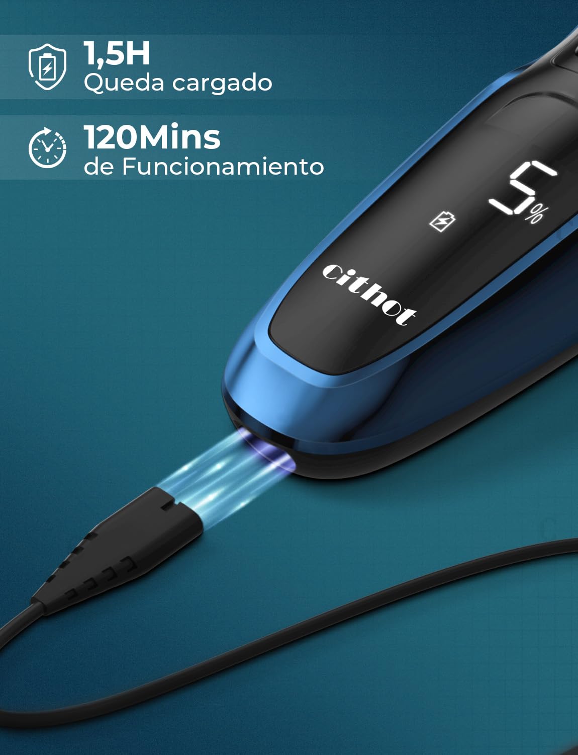 Maquinilla de Afeitar Hombre de acero inoxidable impermeable IPX 7, Afeitadora Eléctrica Inalámbrica Recargable para hombre, Afeitado en seco y húmedo, Recortador de barba con pantalla LCD,Azul