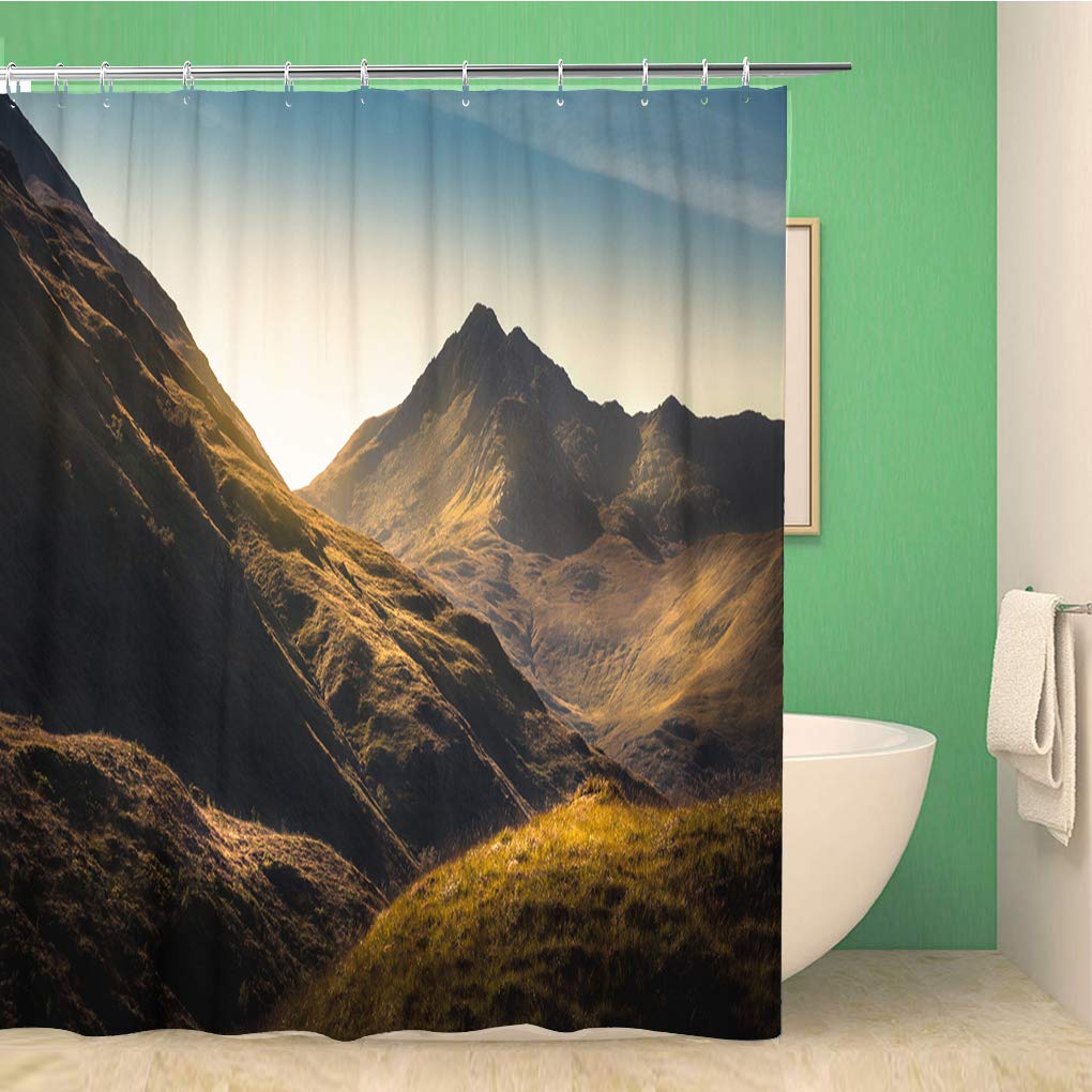 Awowee Color 10 Decor Shower Curtain Blue Scottish Mountains In Highland Scotland Green Rock Landscape 152X180cm Polyester Fabric Waterproof Bath Curtains Set With Hooks For Bathroom