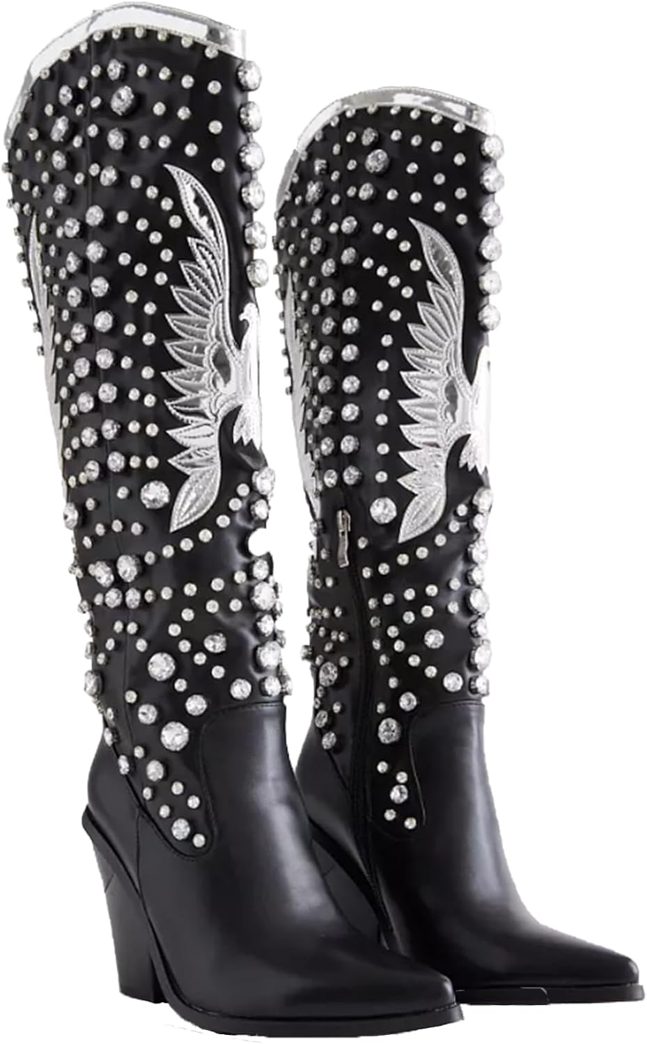 Women's Rhinestone Cowboy Boots With Women Eagle Embroidered Cowgirl Boots Pointed Toe Chunky Heel Western Knee High boots