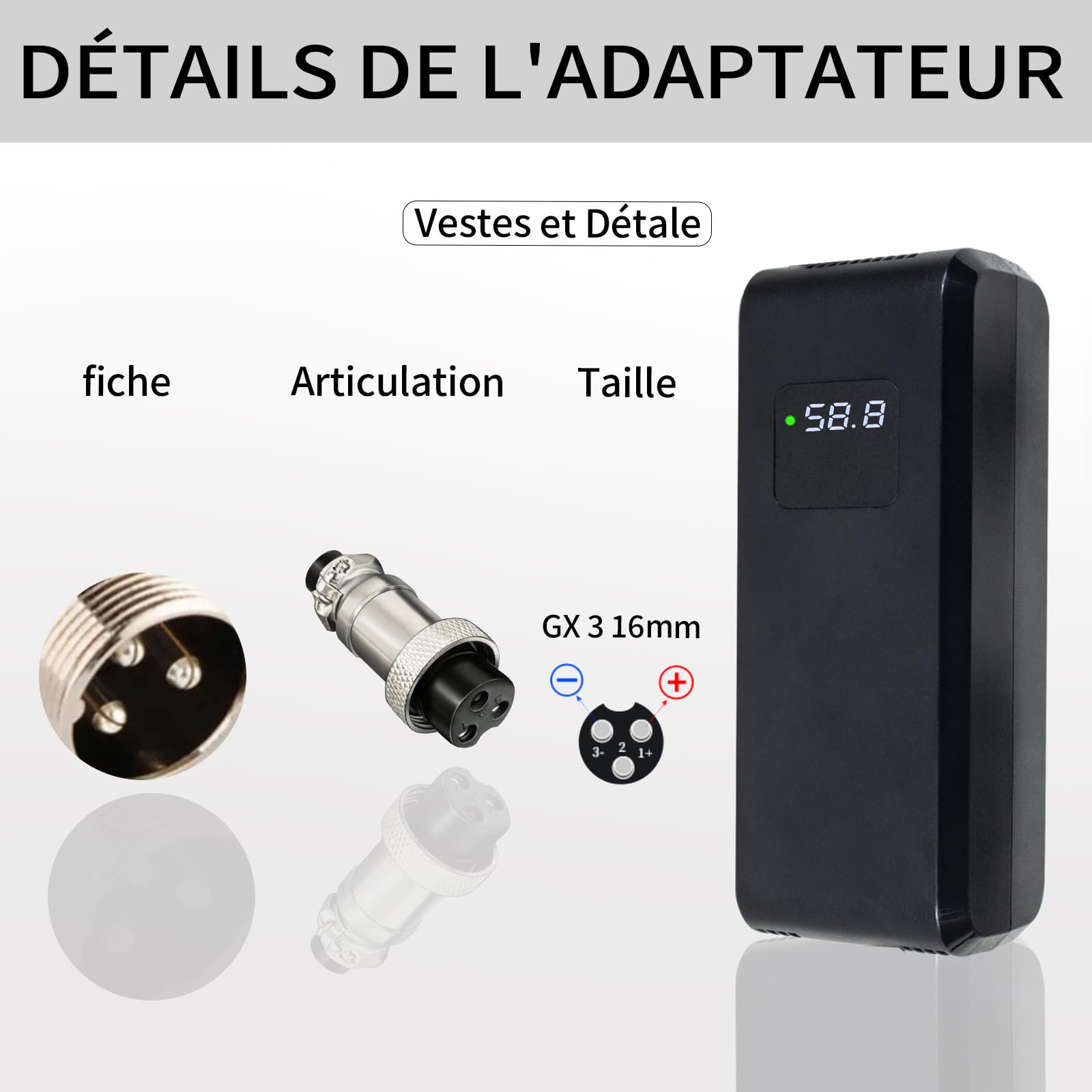 Chargeur Batterie 58.8V 4A, pour Batterie Lithium 52V 48V, avec Affichage LED et Multiples Fonctions de Protection et de réparation, équipé de connecteurs GX16 12mm