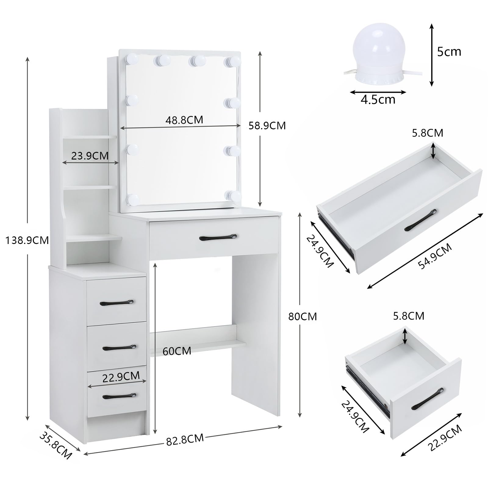 Tavolo da toeletta con illuminazione a LED, tavolo da toeletta con specchio per trucco, tavolo cosmetico con specchio, 3 colori con luminosità regolabile - M03