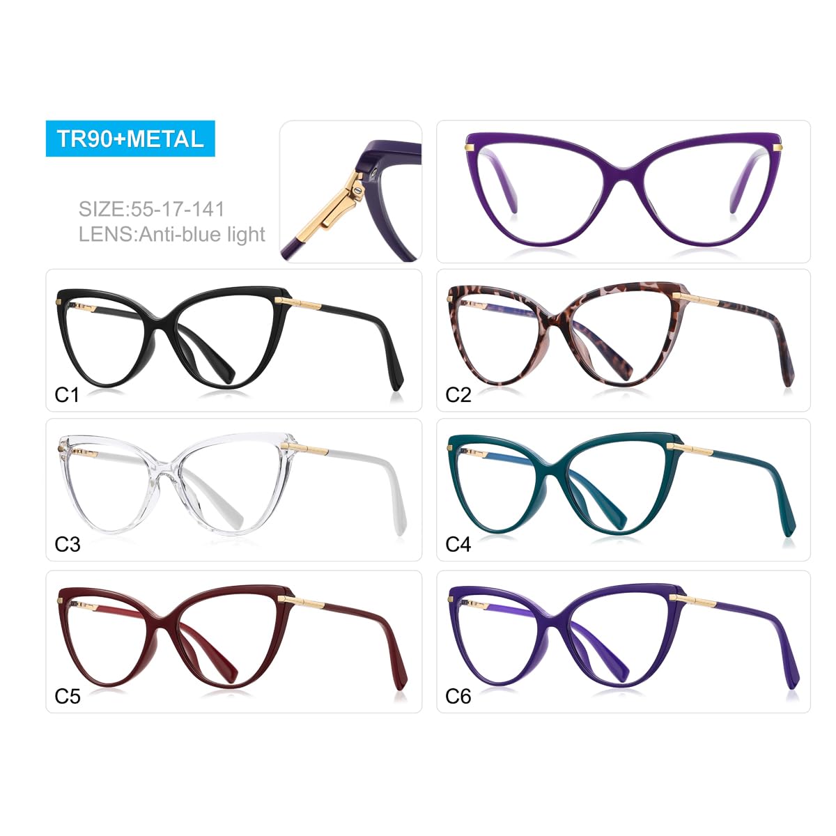 Blue Light Blocking Glasses Women Fashion Eyeglasses Cat Eye Glasses Frame TR90 Eyewear Half Metal