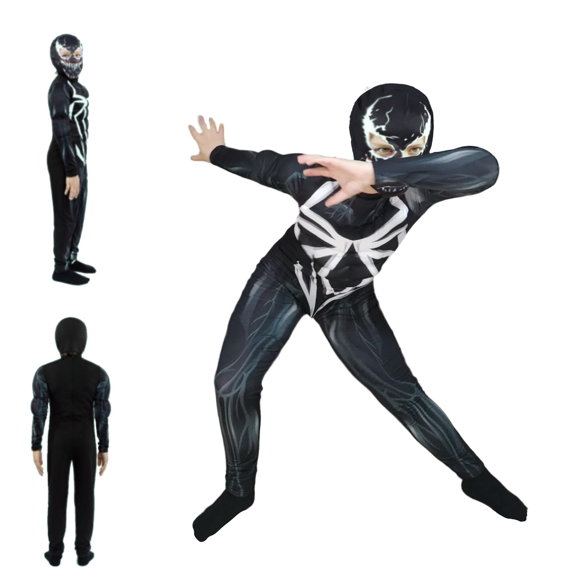 7 KOIS Halloween 24h Disfraz de Black Spider para Niño, Incluye Mono y Capucha, 4 tallas, para Halloween, Carnaval, Juego De Roles, Fiesta.