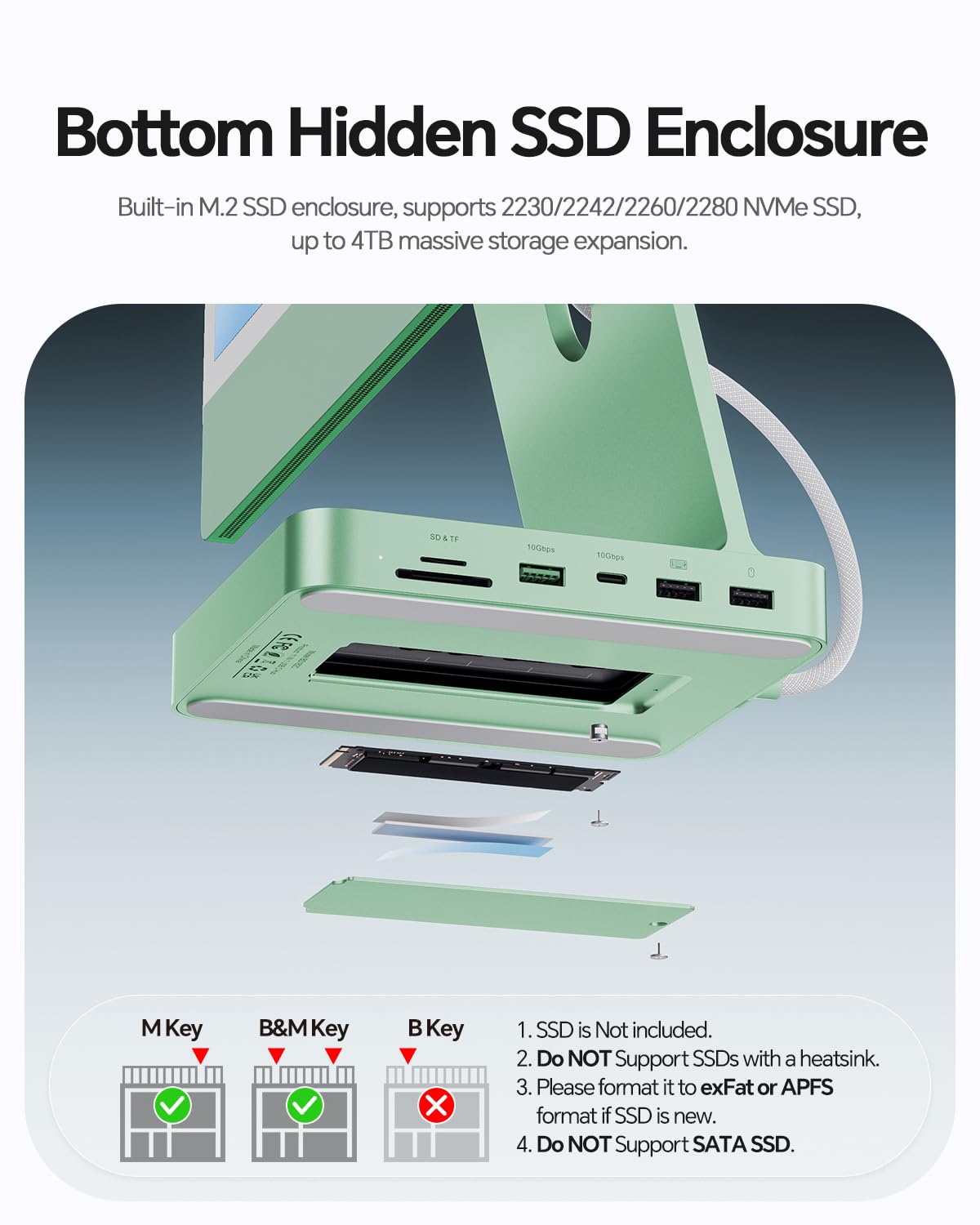 11-in-1 USB-C-Hub für iMac 24" M1/M3/M4 mit NVMe 4TB SSD-Gehäuse | PULWTOP iMac Hub mit 4K@60Hz HDMI, 2,5GbE, USB A/C 10Gbit/s, SD/TF, Audio für iMac 24" 2021-2024 – Grün