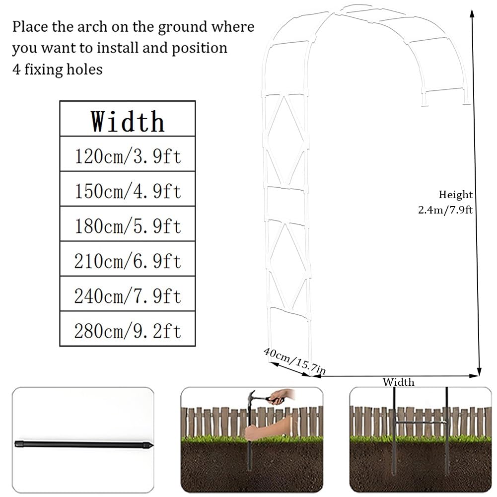 Arco da giardino stabile in metallo per piante rampicanti, altezza 2,4 m, bianco, mezzo arco, decorazione da giardino all'aperto, perfetto per rose e viti (larghezza 210 x altezza 240 cm)