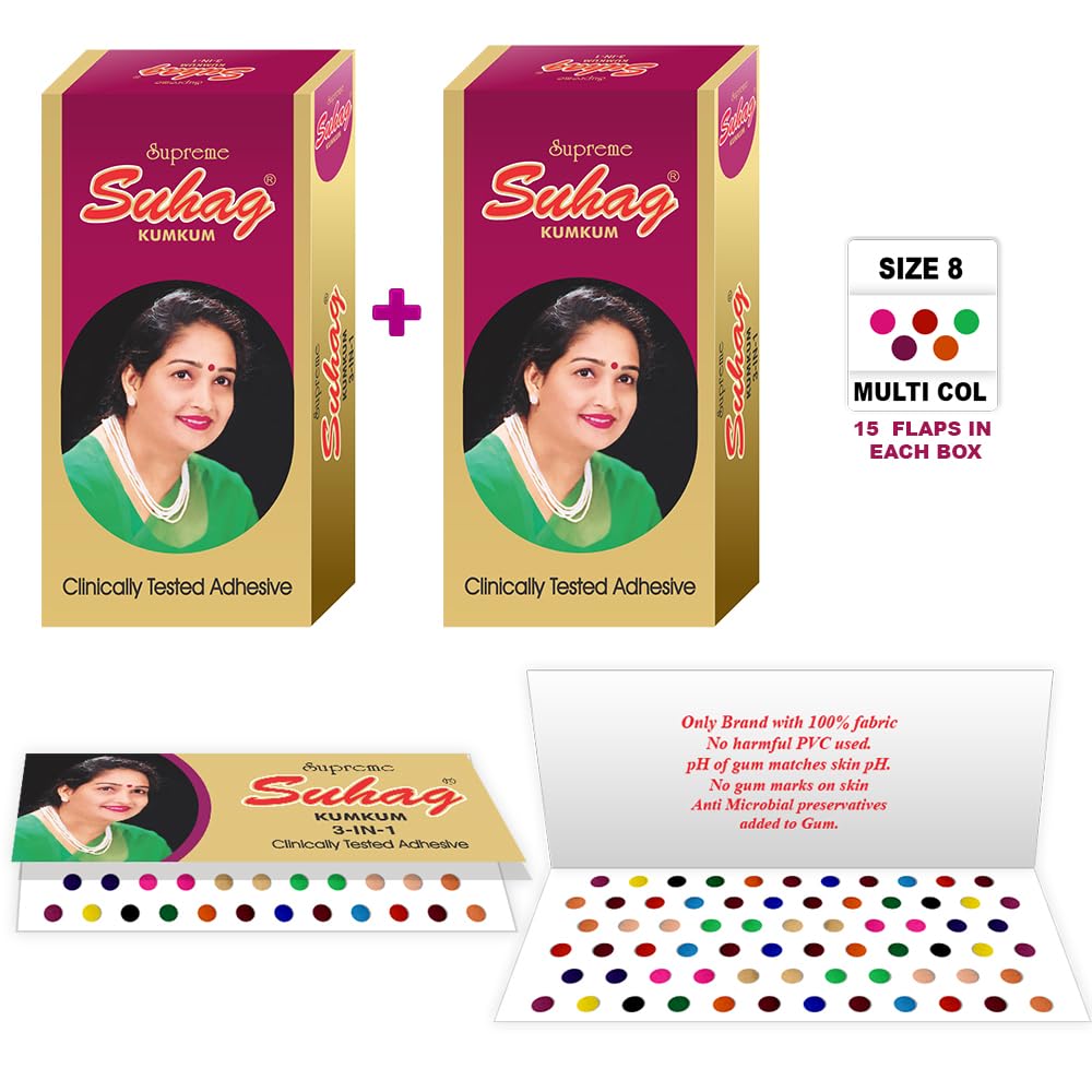 Multicolor Forehead Bindi Box Simple Plain Round Bindis Bindiya Combo of 2 Bindi, 15 Flaps Each (Size 8, Dia- 2.5mm)