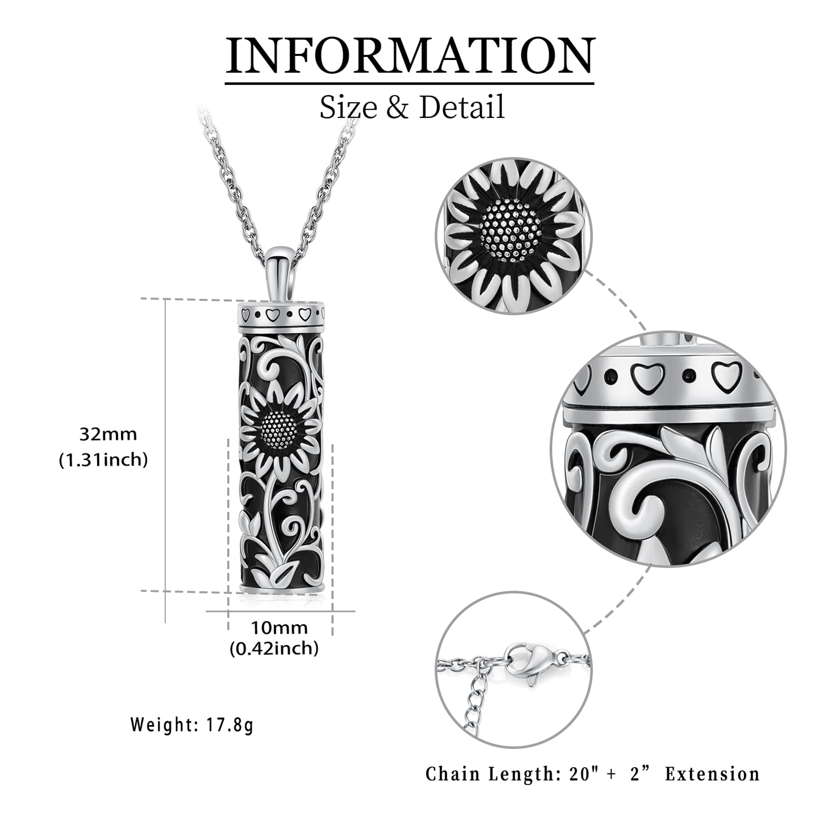 shajwo Cylinder Urn Necklace for Ashes for Women Men Sunflower Cremation Jewelry Vial Memorial Loved One Pendant,Silver