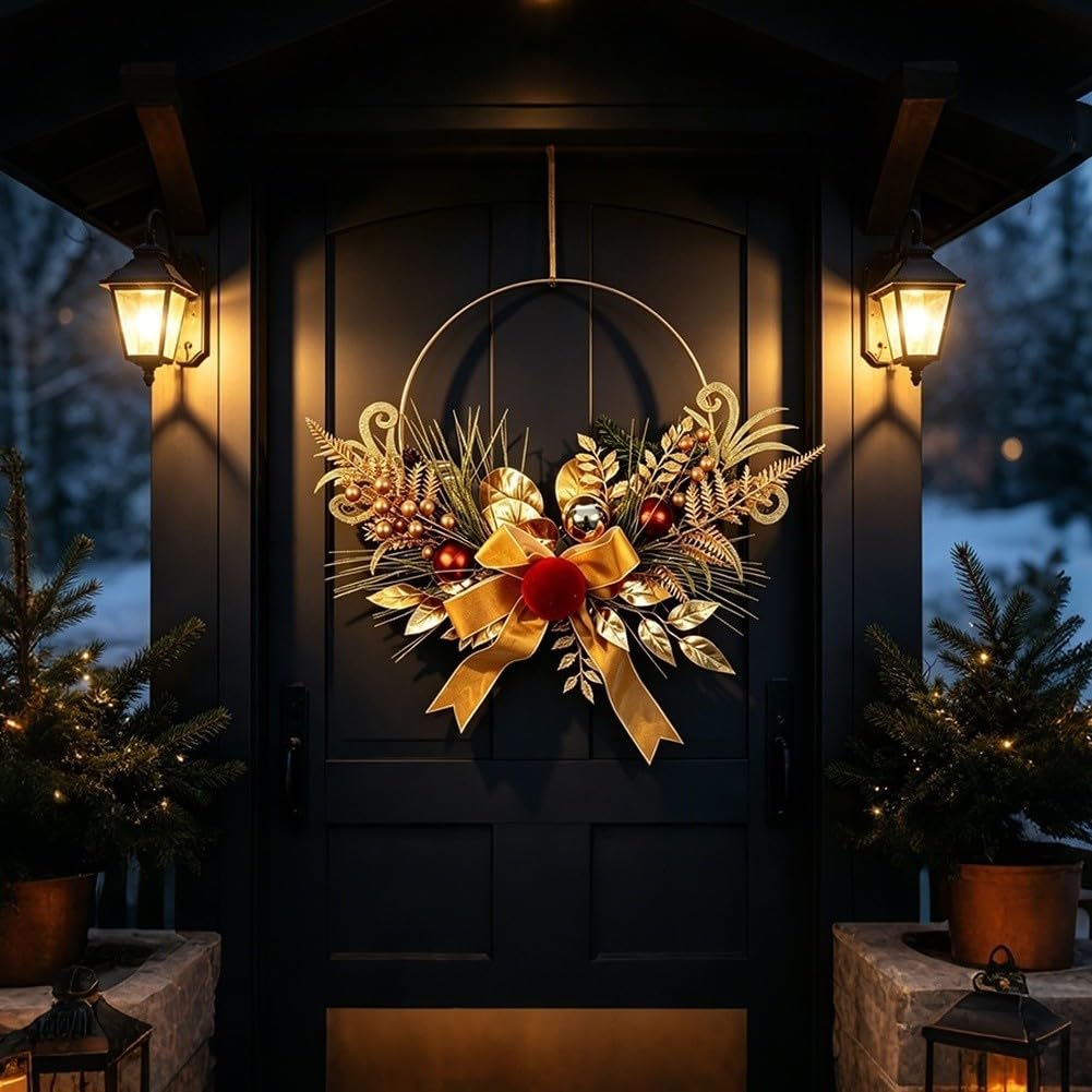 Corona de Navidad dorada de 17.8 pulgadas con luces LED de terciopelo metálico
