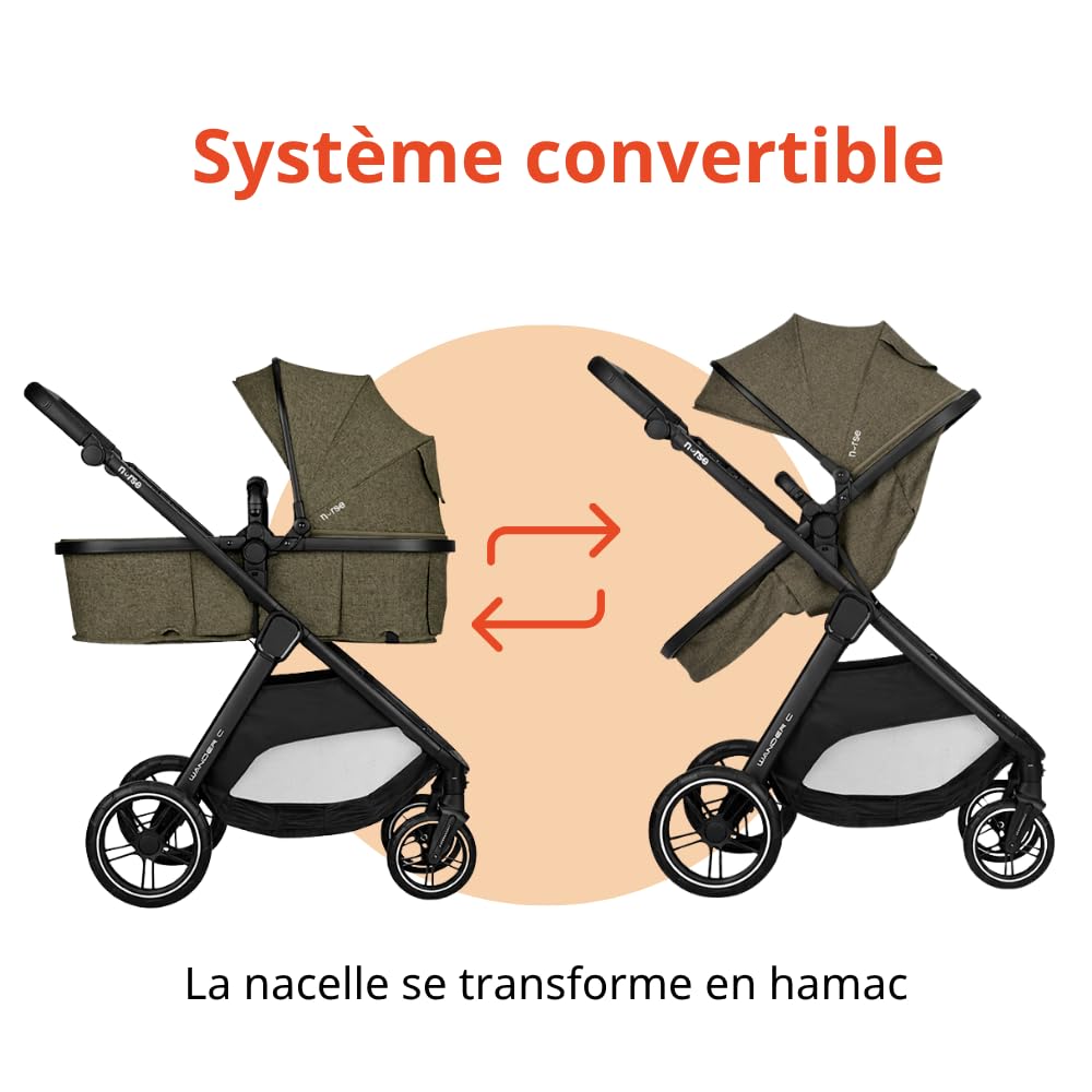 Nurse Wander C Trio Poussette Bébé 3 en 1, Nacelle Convertible en Hamac et Siège Auto i-Size, Pliage Compact, avec Accessoires, Vert
