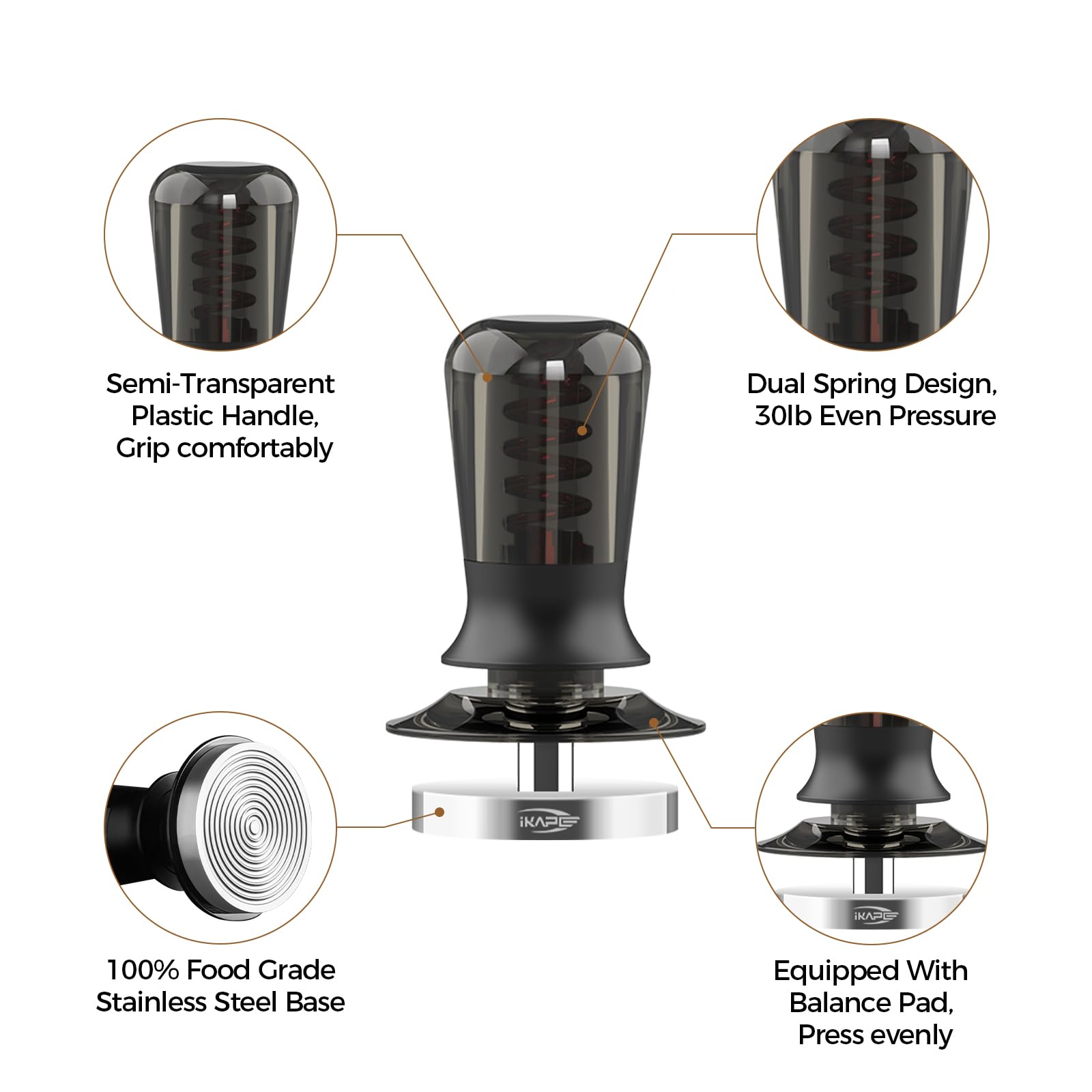 IKAPE 58MM Kaffee Tamper für Espresso, Feder kalibriert Tamper mit semi-transparenten Design, Edelstahl Basis Tamper für 58mm Portafilter