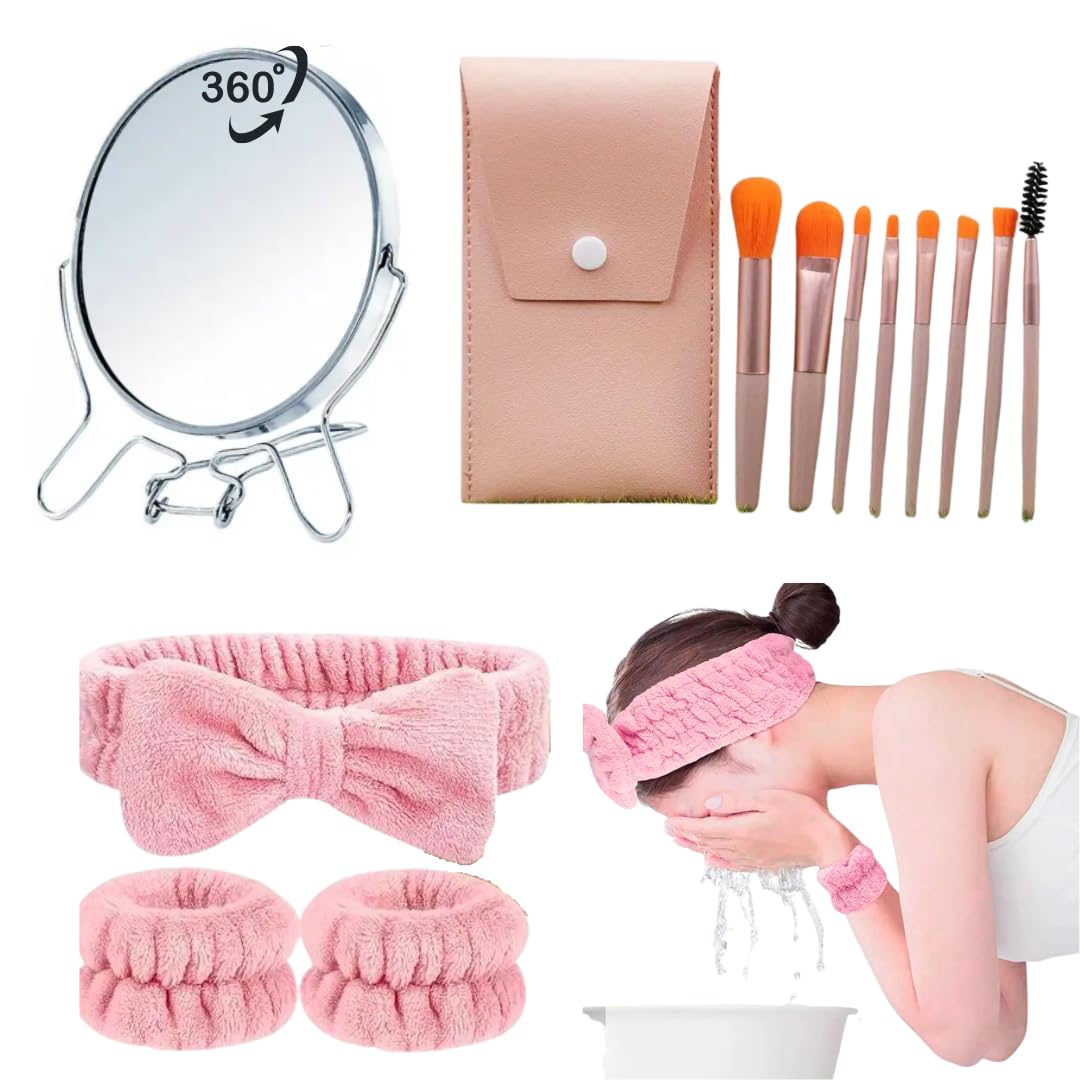 Donda's House® Pack 12. Brochas de maquillaje. Set de brochas con estuche para viaje. Pinceles maquillaje. Espejo maquillaje. Diadema maquillaje. Muñequeras spa. Espejo aumento X5 de 17cm.