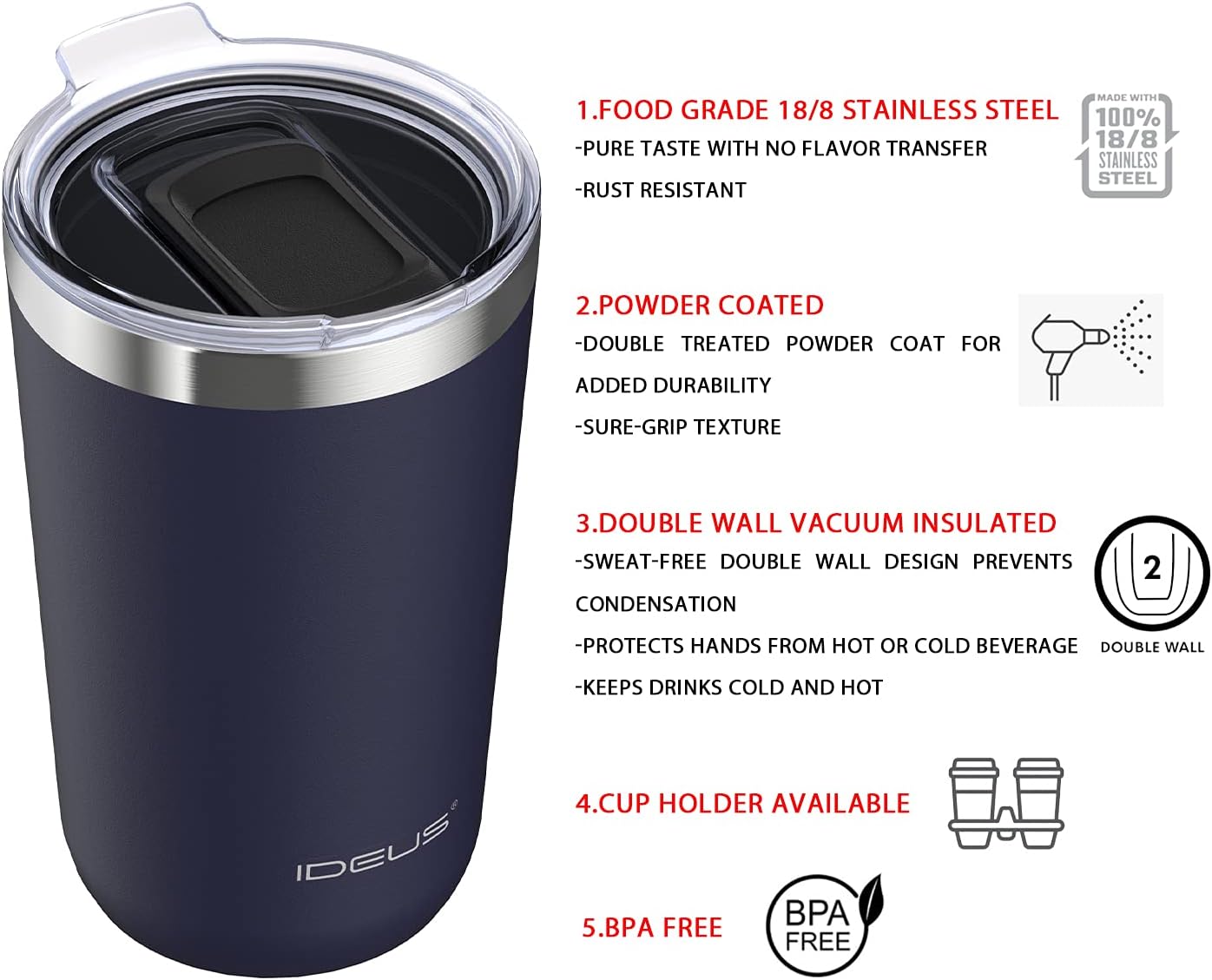 Lіmіtеd Stосk IDEUS 20 oz Tumbler, Travel Coffee Mug with Splash Proof Sliding Lid, Double Wall Stainless Steel Vacuum Insulated Coffee Mug for Home and Office, Keep Beverages Hot or Cold, Navy blue Prоduсt Dеаl IDEUS 20 oz Tumbler, Travel Coffee Mug with Splash Proof Sliding Lid, Double Wall Stainless Steel Vacuum Insulated Coffee Mug for Home and Office, Keep Beverages Hot or Cold, Navy blue