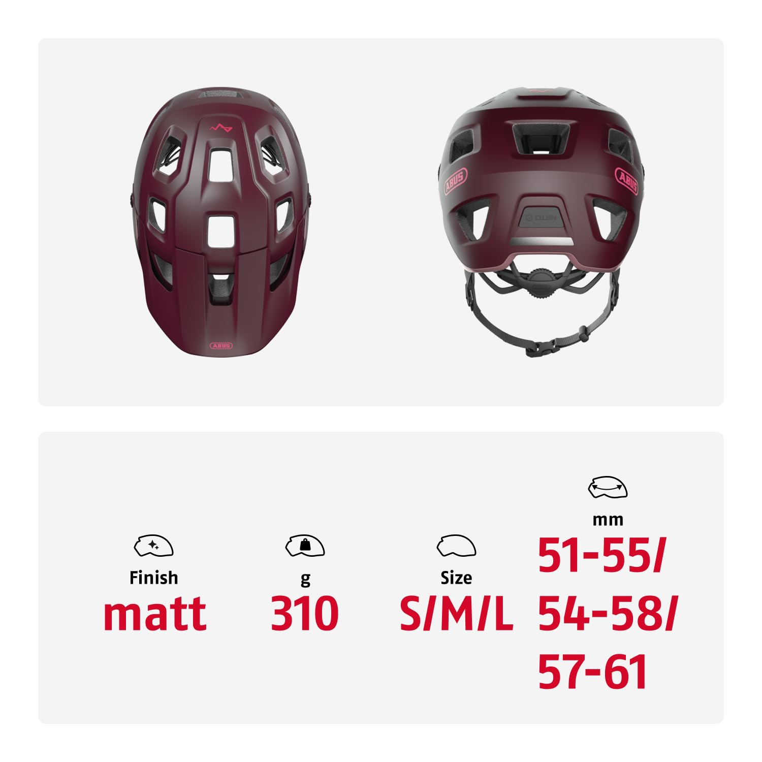ABUS MTB-Helm MoDrop - robuster Fahrradhelm mit guter Belüftung für Mountainbiker - individuelle Passform - Unisex - Dunkelrot, Größe M