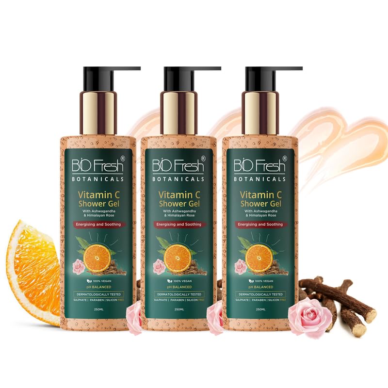 Image of BIOFRESH BOTANICALS Vitamin-C Shower Gel - 250ml Niacinamide Moisturizing Gel Ashwagandha & Himalayan Rose Brightening Skin Cleanser PH Balanced Nourishing Shower Gel (Pack of 3)